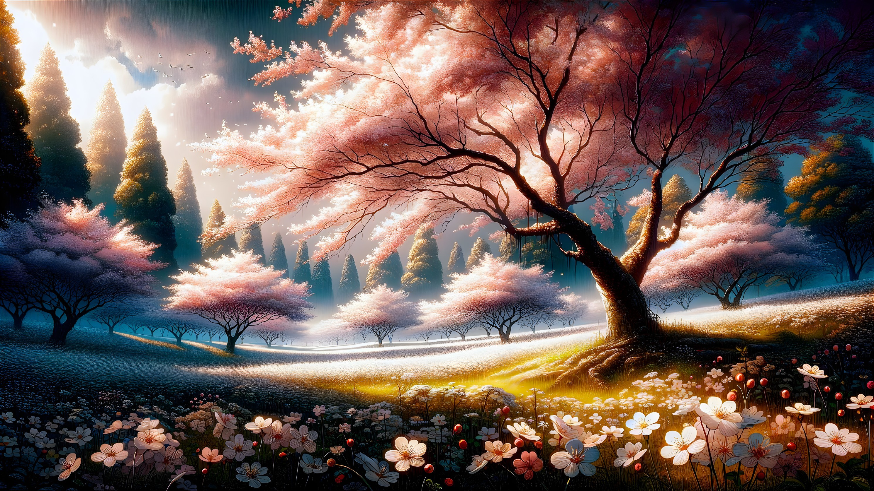 Serene Landscape with Majestic Tree and Blossoms