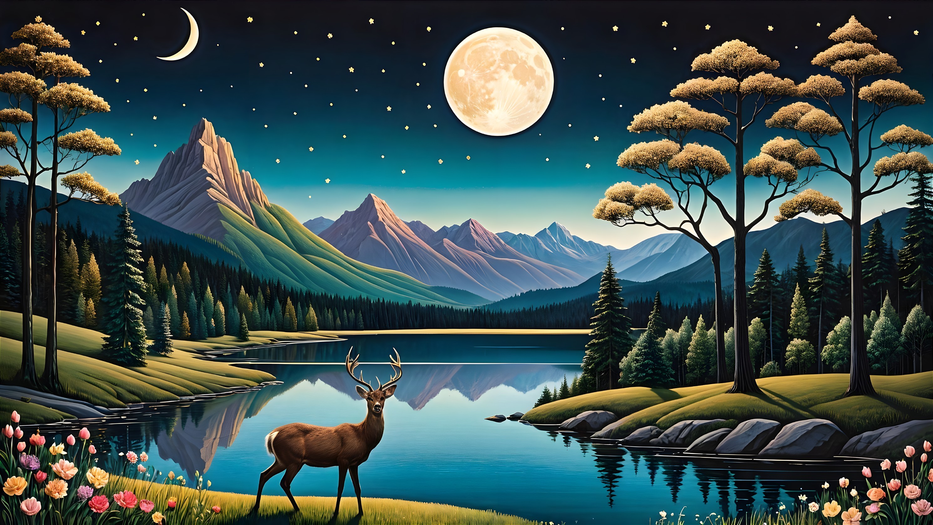 Serene Night Landscape with Stag and Tranquil Lake