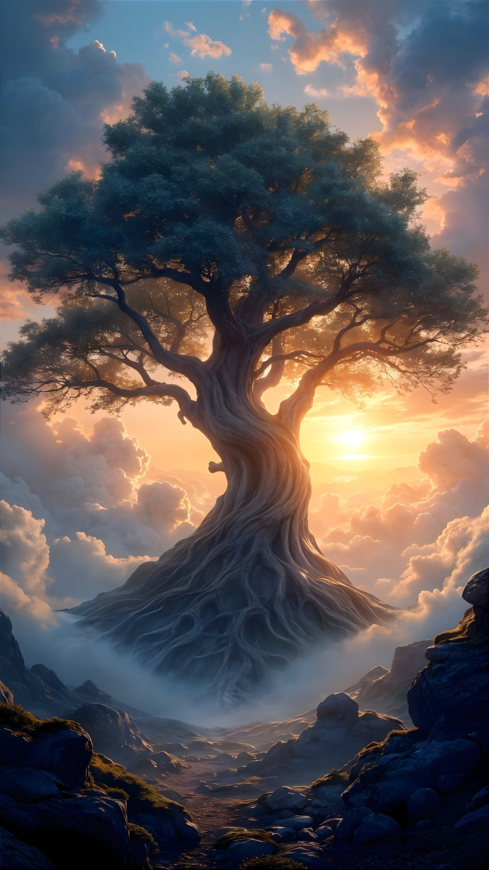 Majestic Tree at Sunset with Twisted Trunk and Clouds