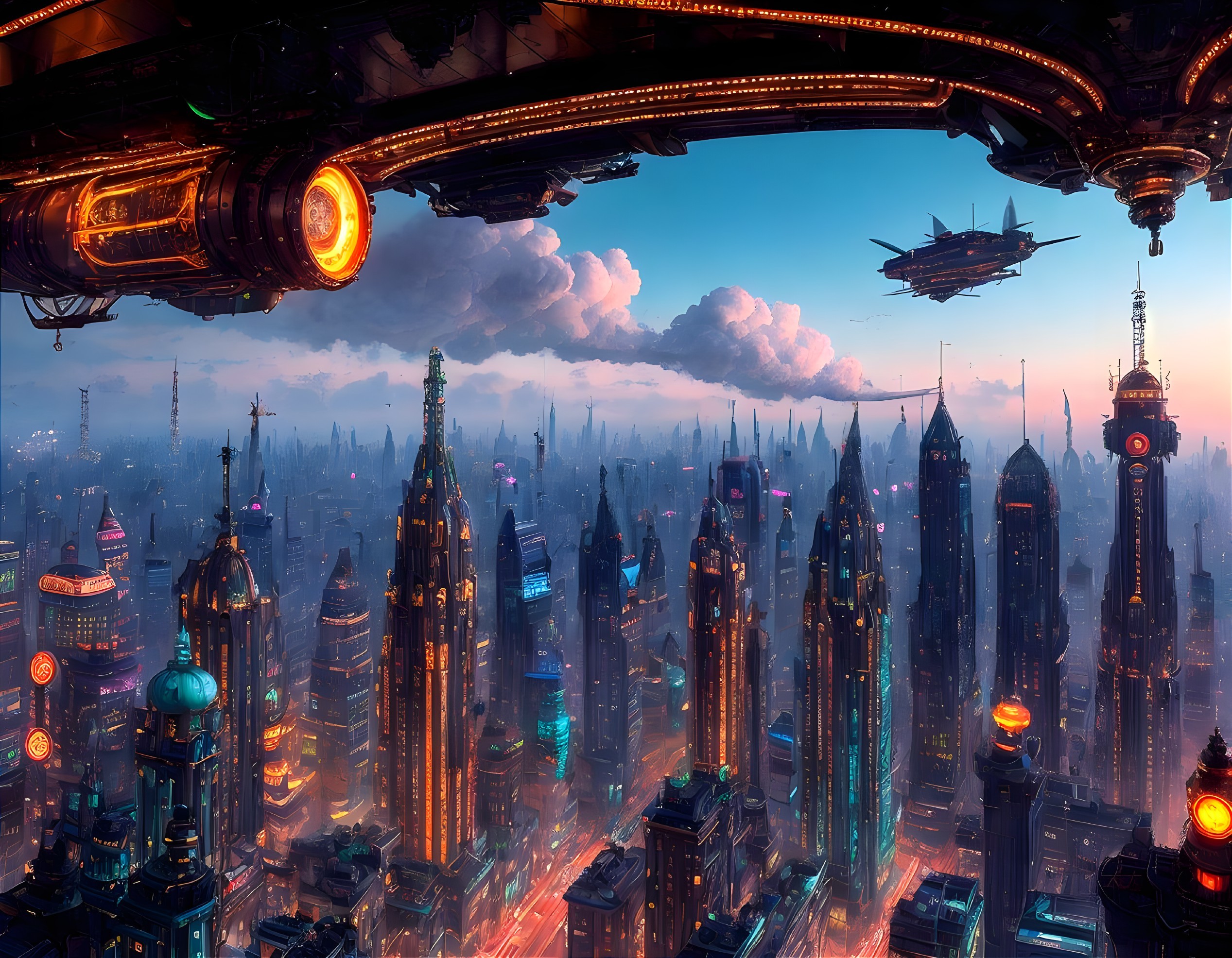 Futuristic cityscape at dusk with neon lights