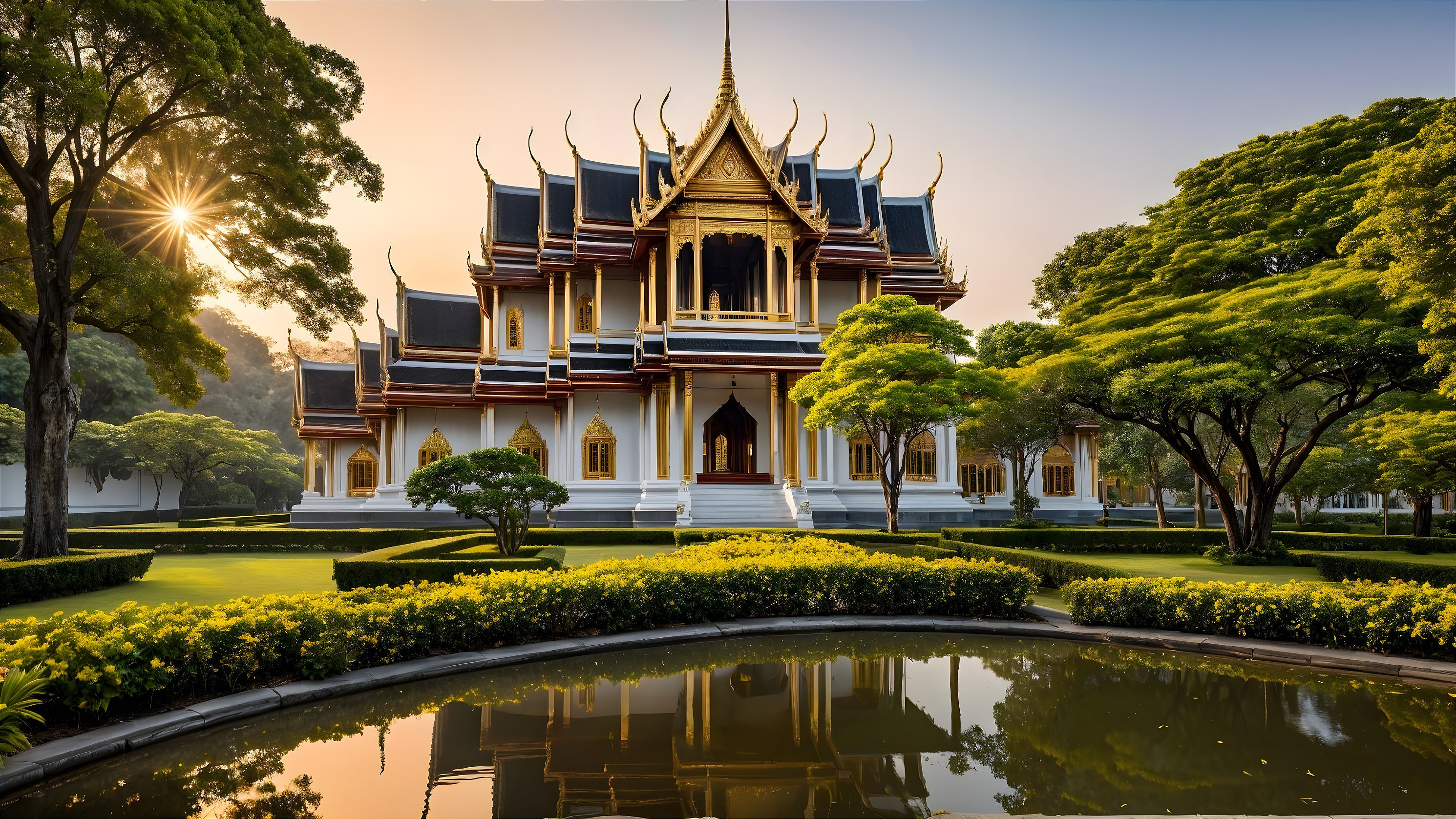 Grand Thai Temple Surrounded by Lush Greenery