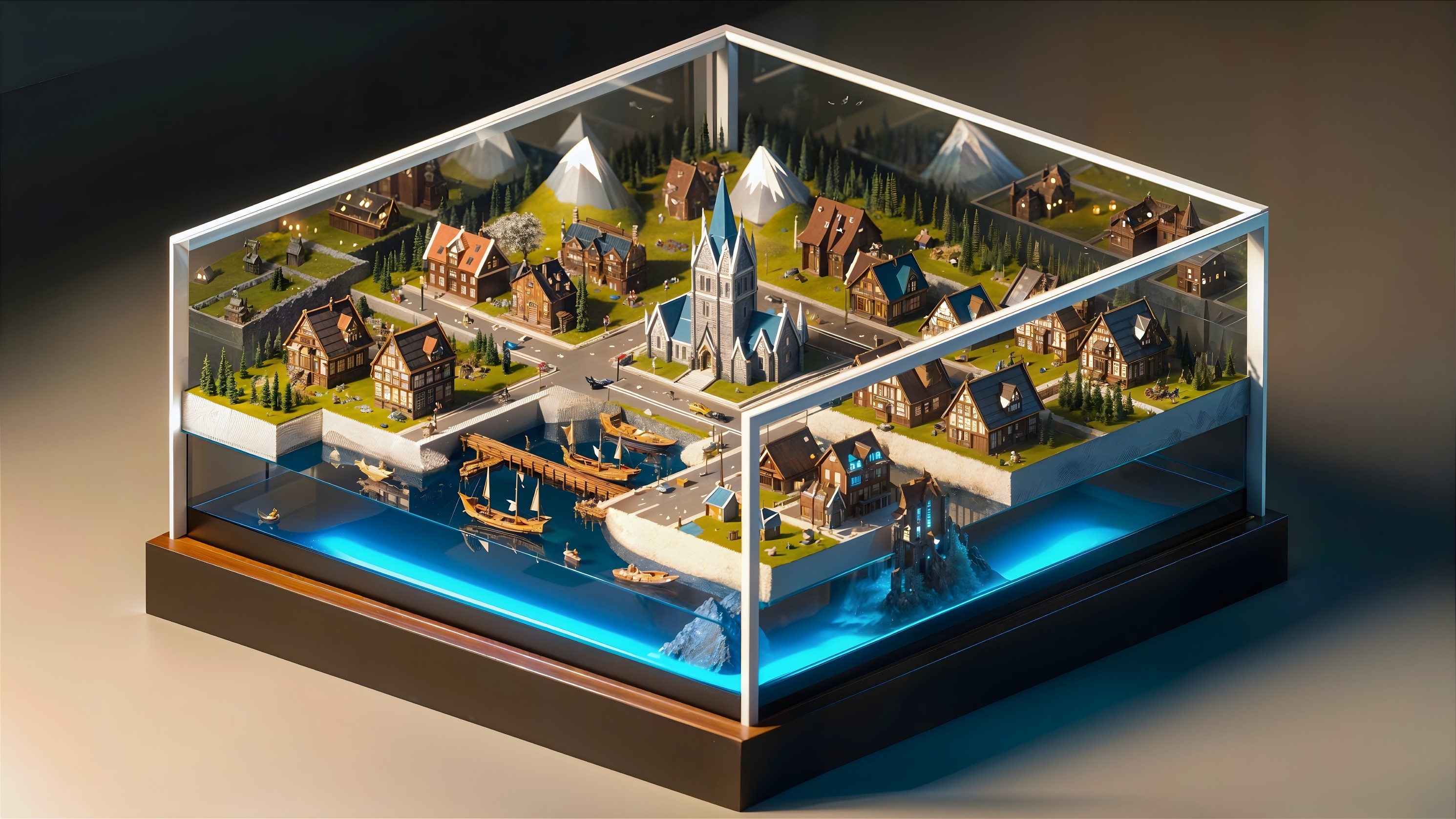 Miniature Village Display with Lush Scenery and Lighting