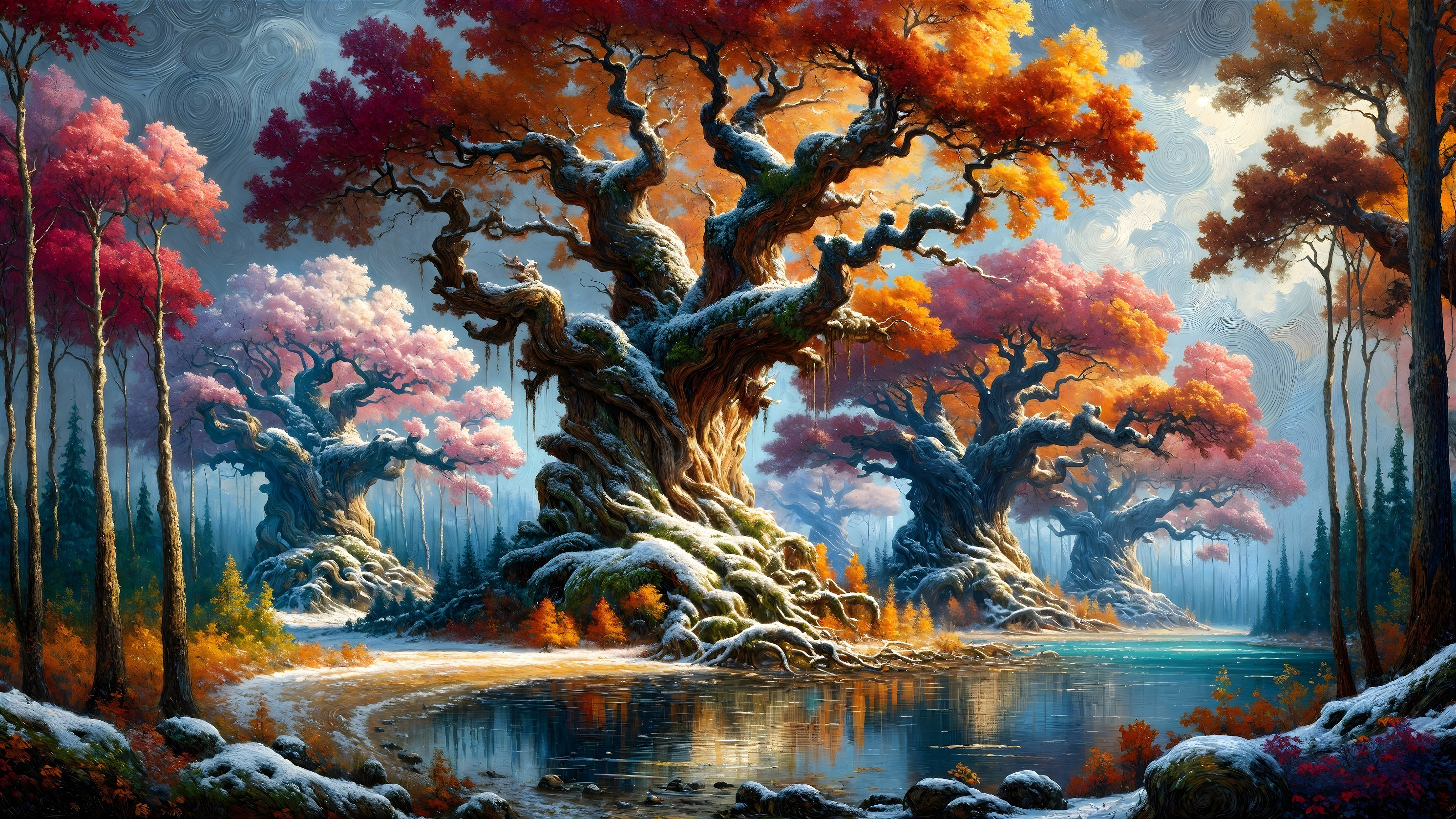 Ancient Trees with Autumn Leaves by Reflective Water