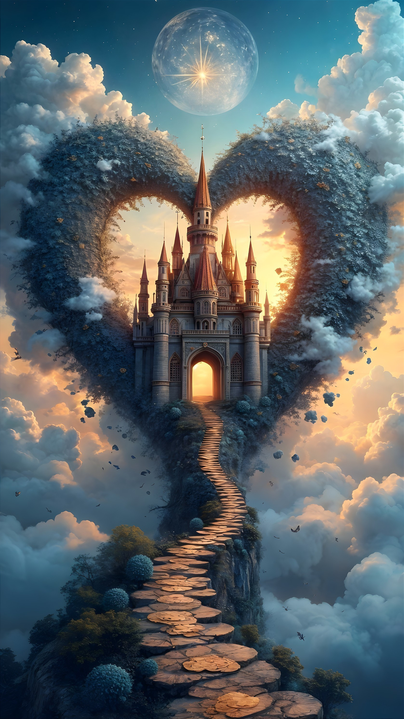Majestic castle in heart-shaped clouds and greenery