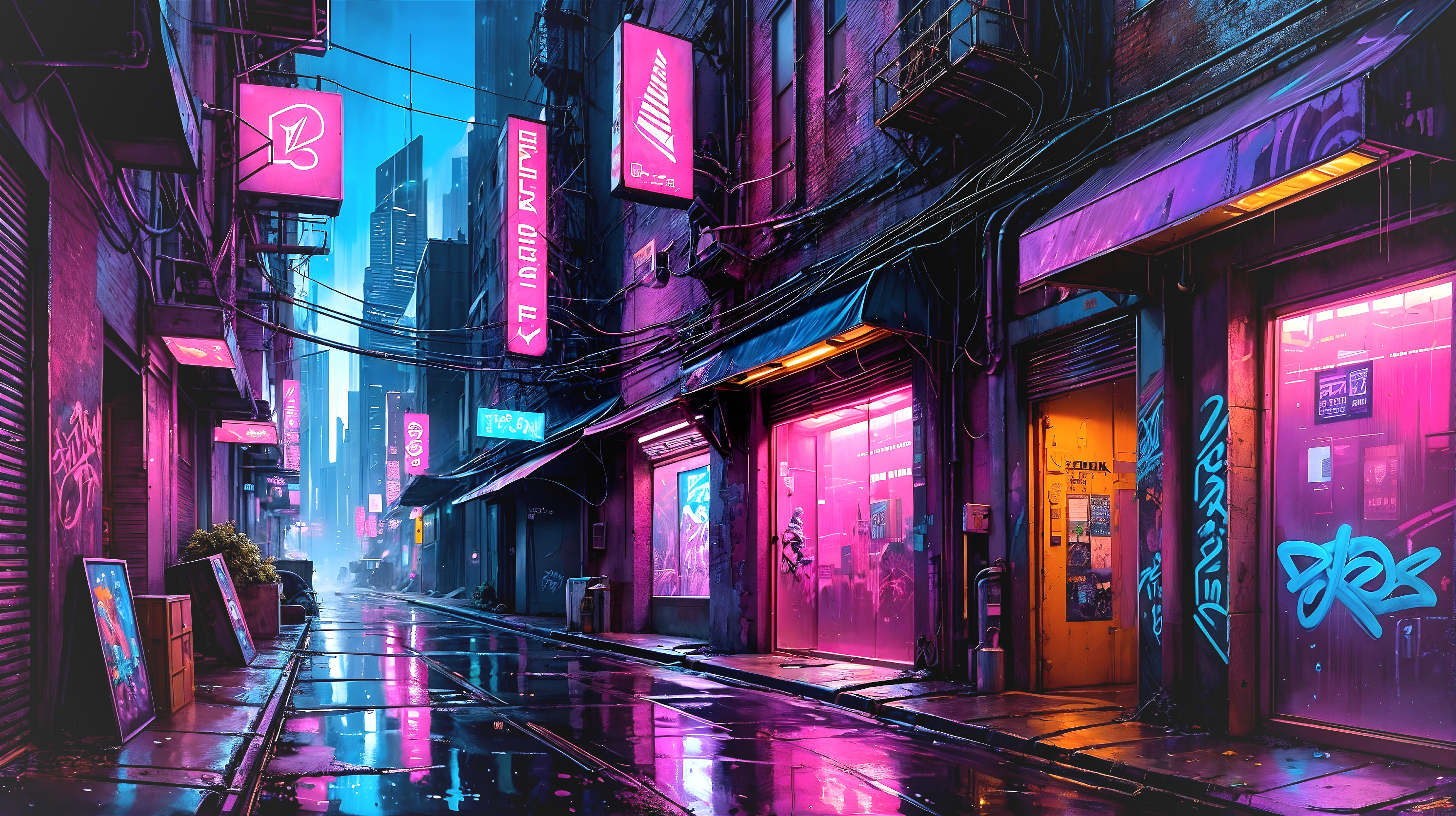 Neon-Lit Alleyway in a Futuristic Cityscape