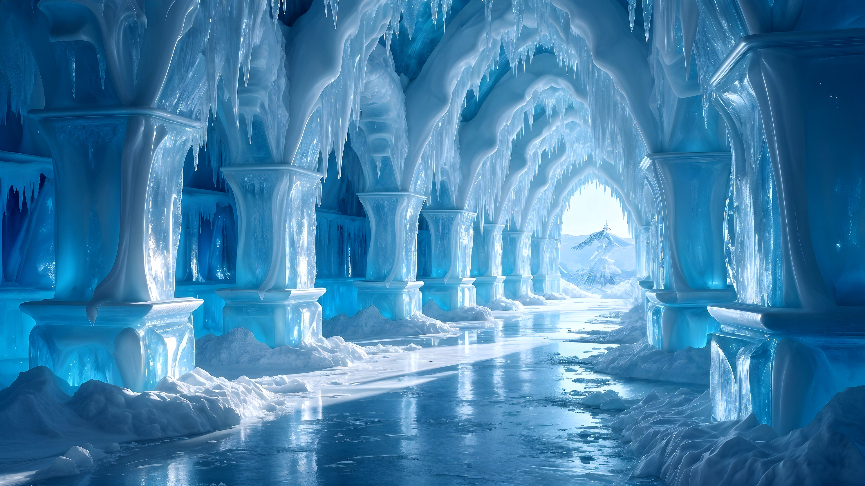 Ice Cave with Blue Tones and Glistening Formations