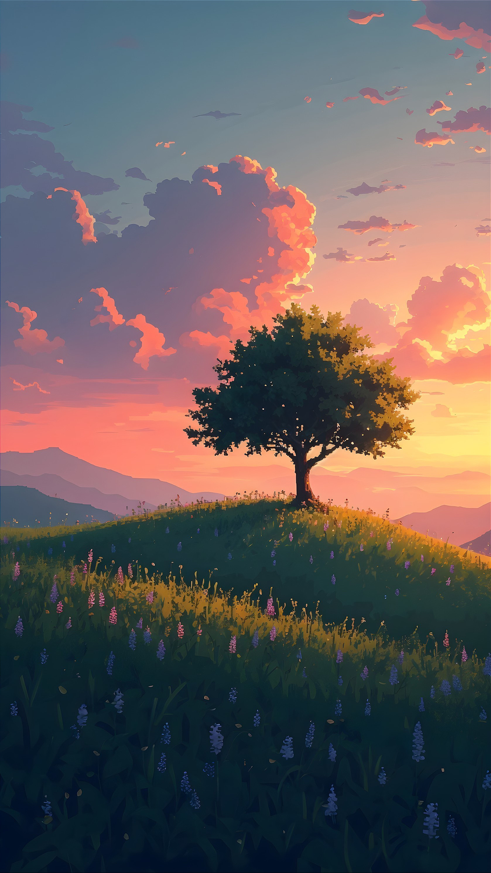 Serene sunset landscape with lone tree and wildflowers