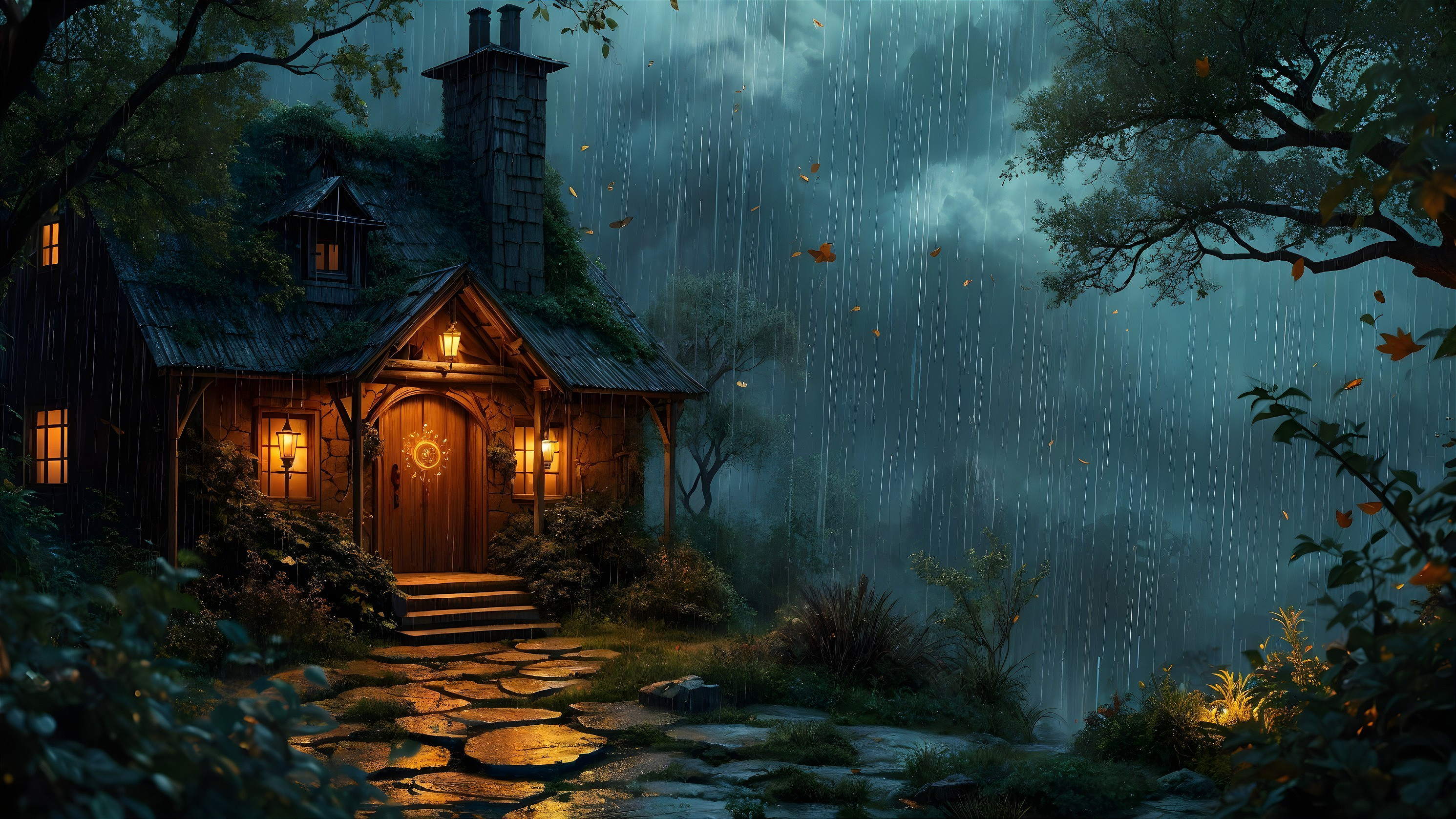Cozy Rustic Cabin in Lush Green Landscape with Rain