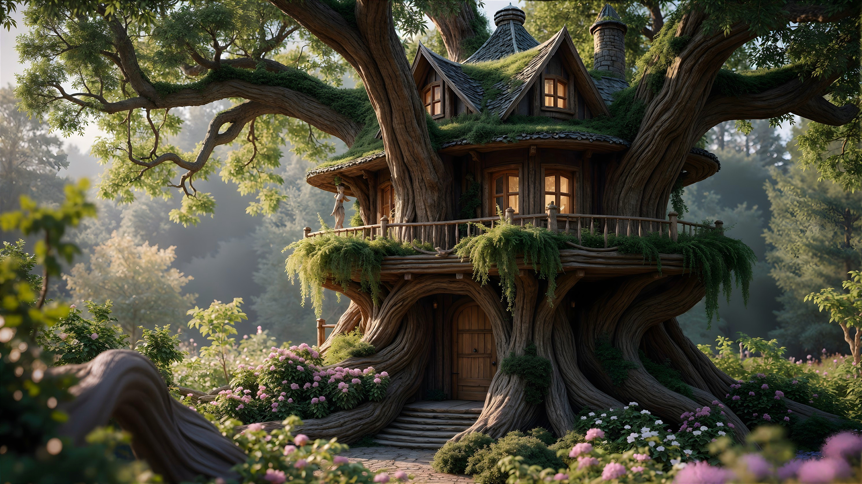 Whimsical Treehouse Surrounded by Lush Garden and Sunlight