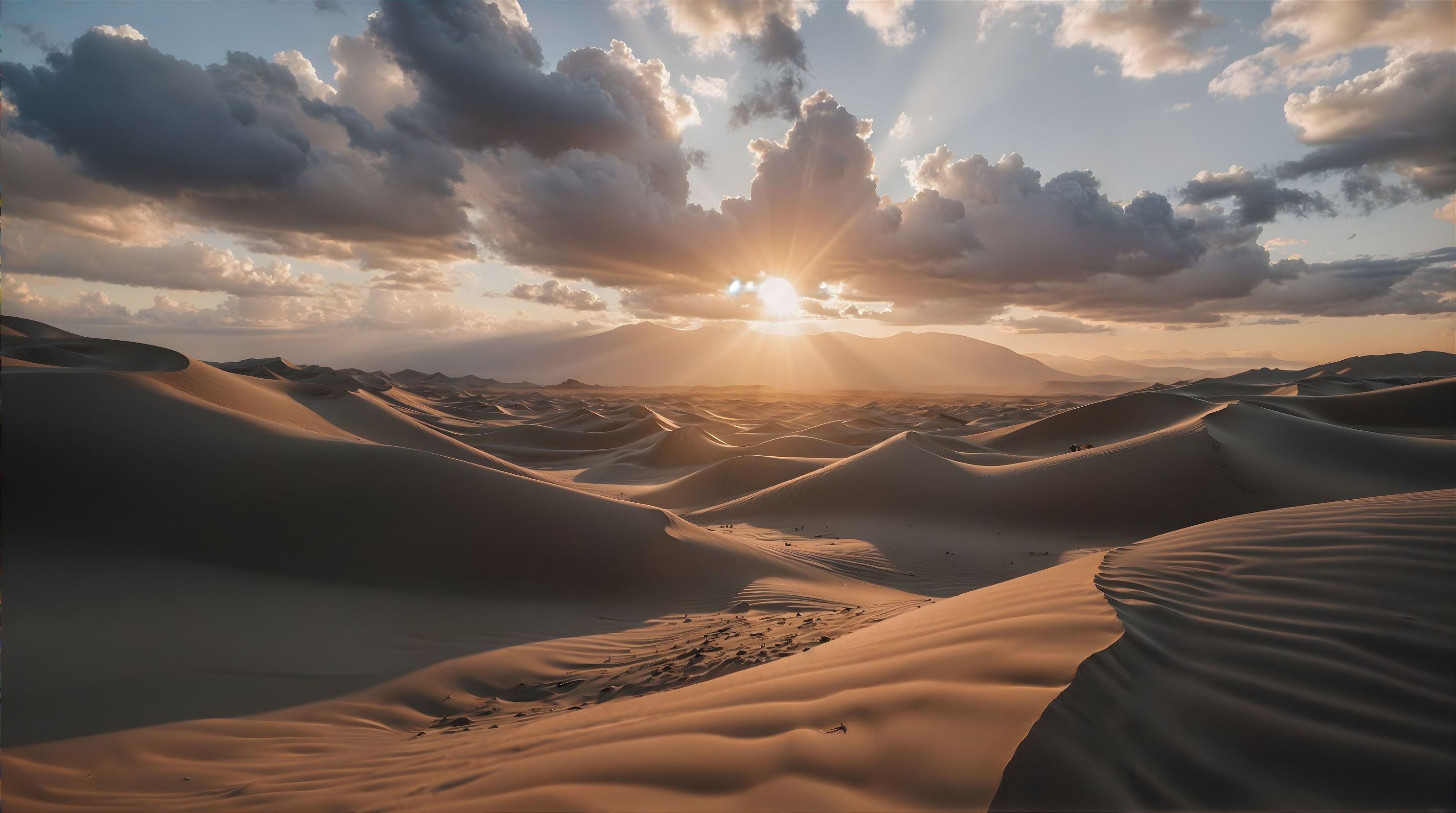 Sunset over rolling sand dunes in a desert landscape