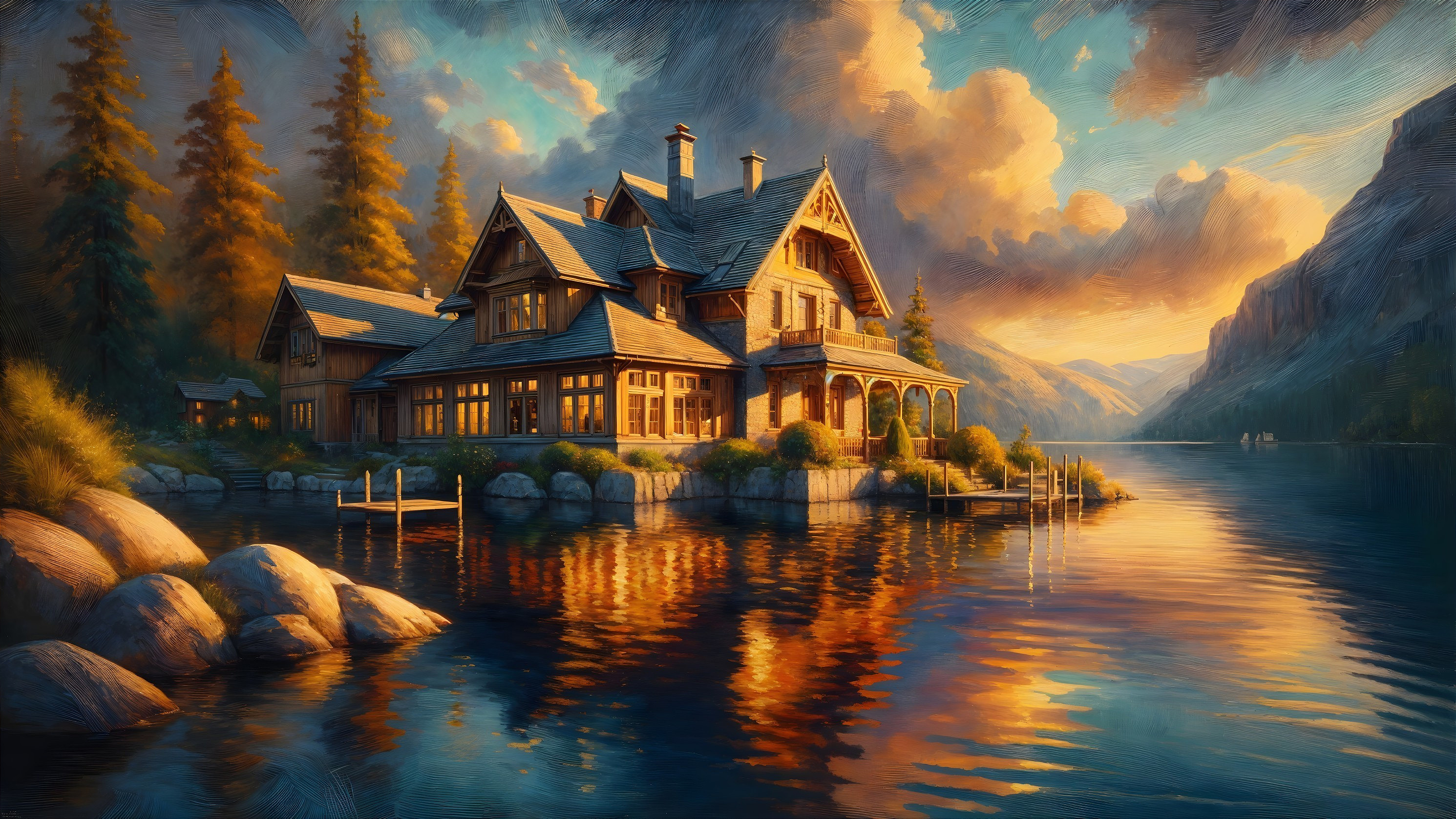 Lakeside Cottage Surrounded by Pine Trees at Sunset