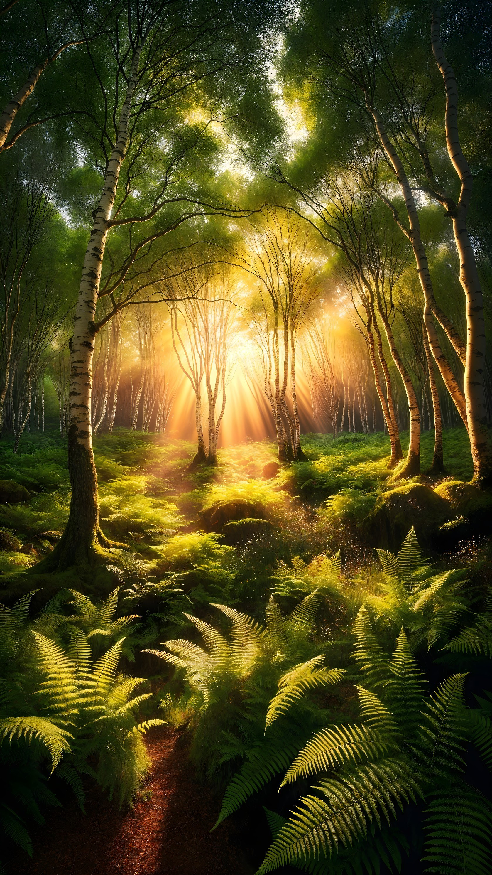 Serene Forest Scene with Sunlight and Birch Trees