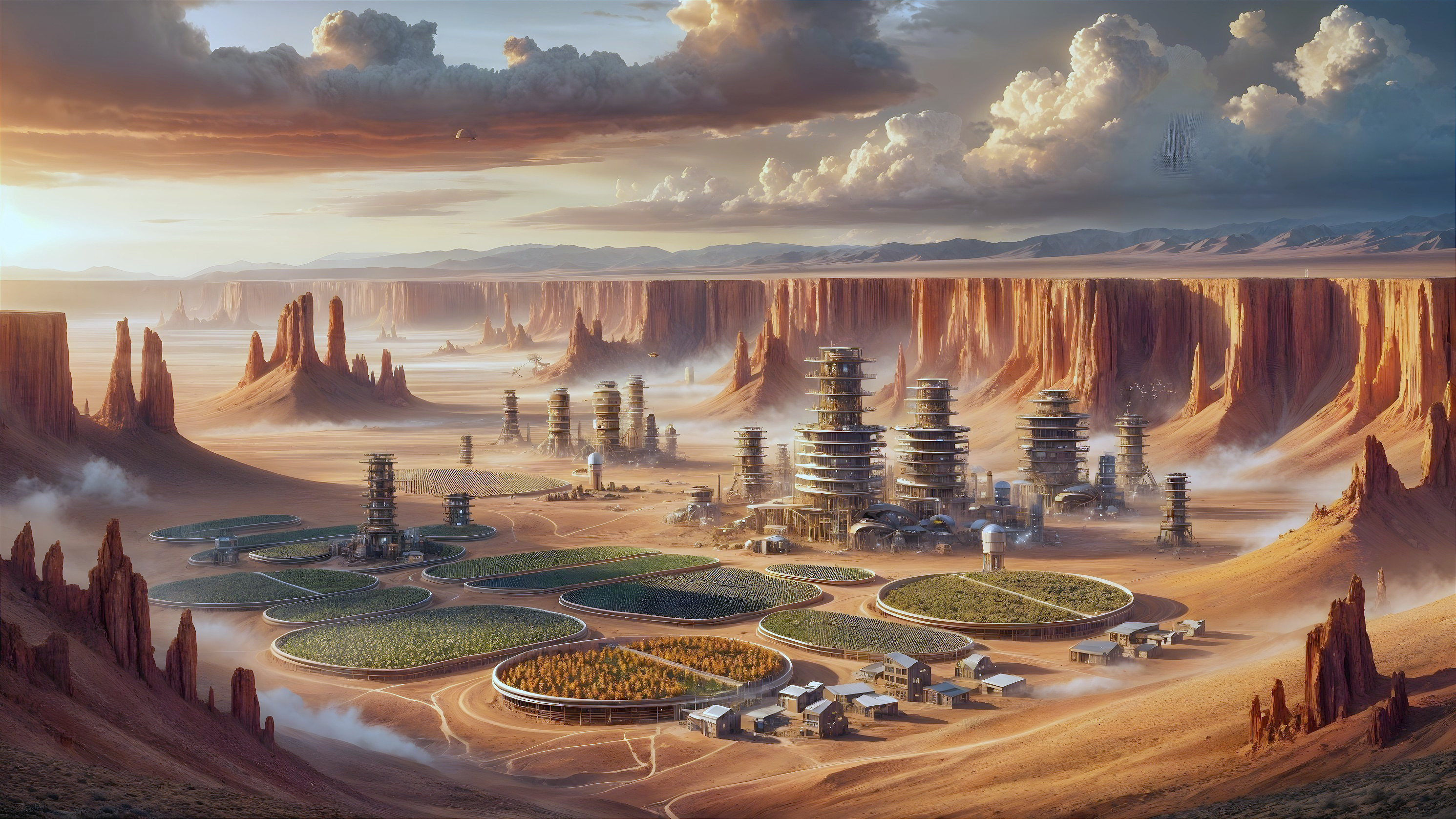 Futuristic Desert Landscape with Advanced Agriculture