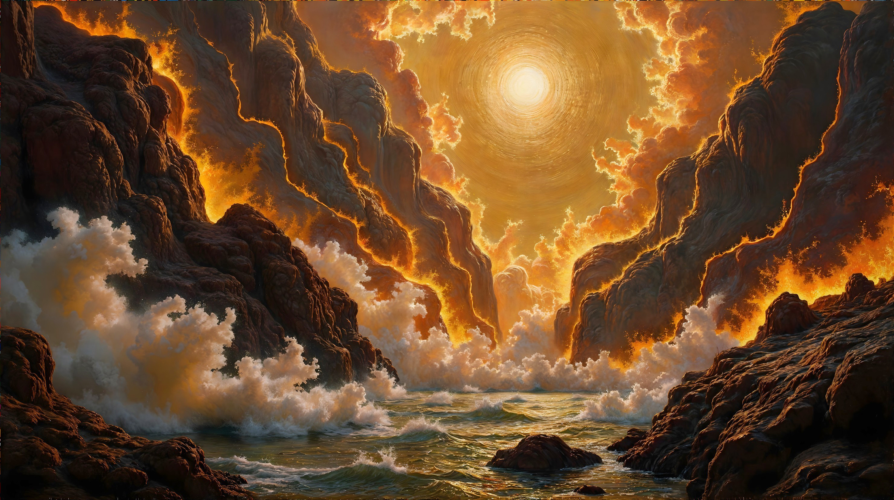 Vibrant Seascape with Dramatic Cliffs and Sunset