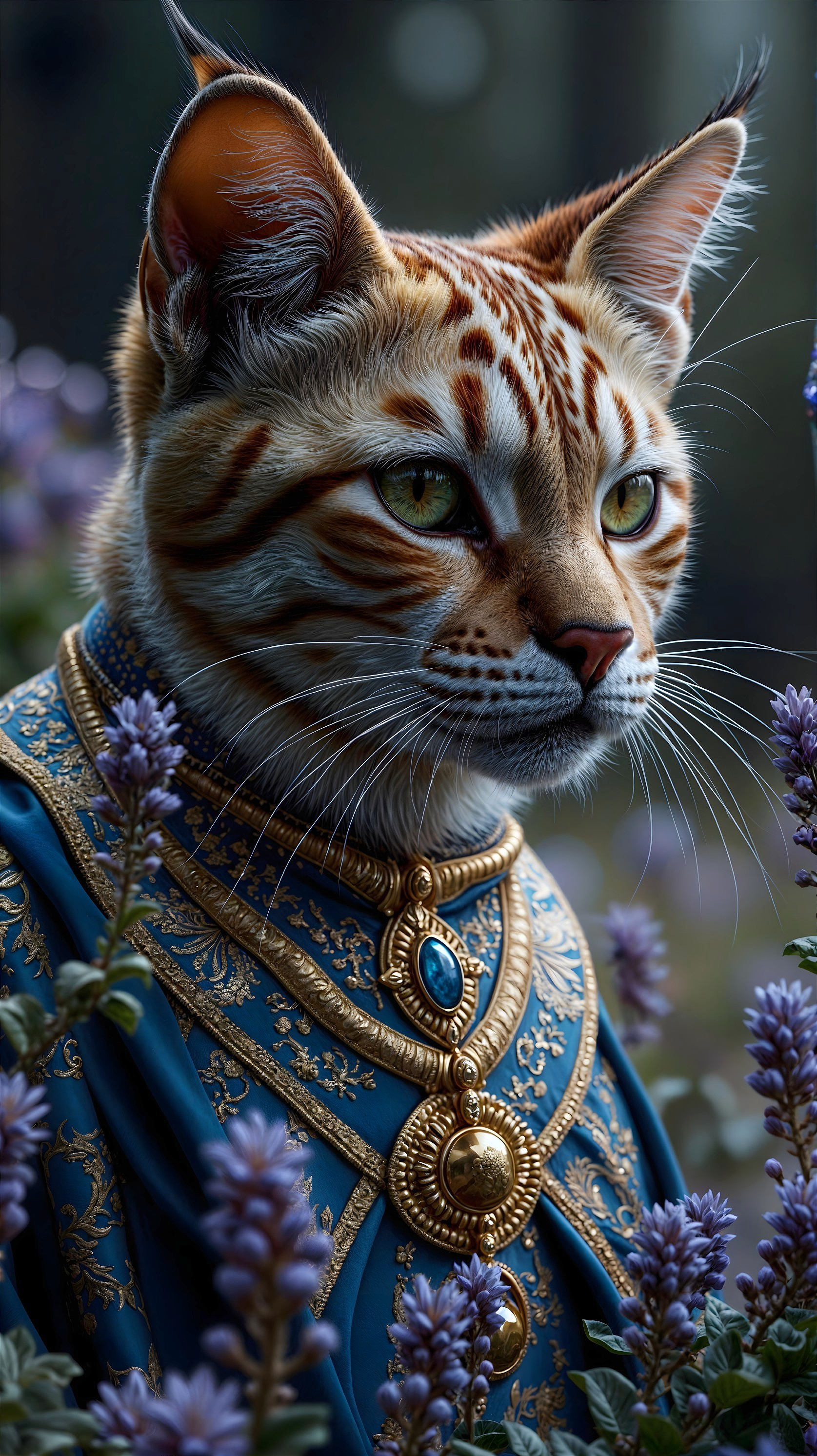 Majestic Feline in Ornate Blue Robe and Flowers