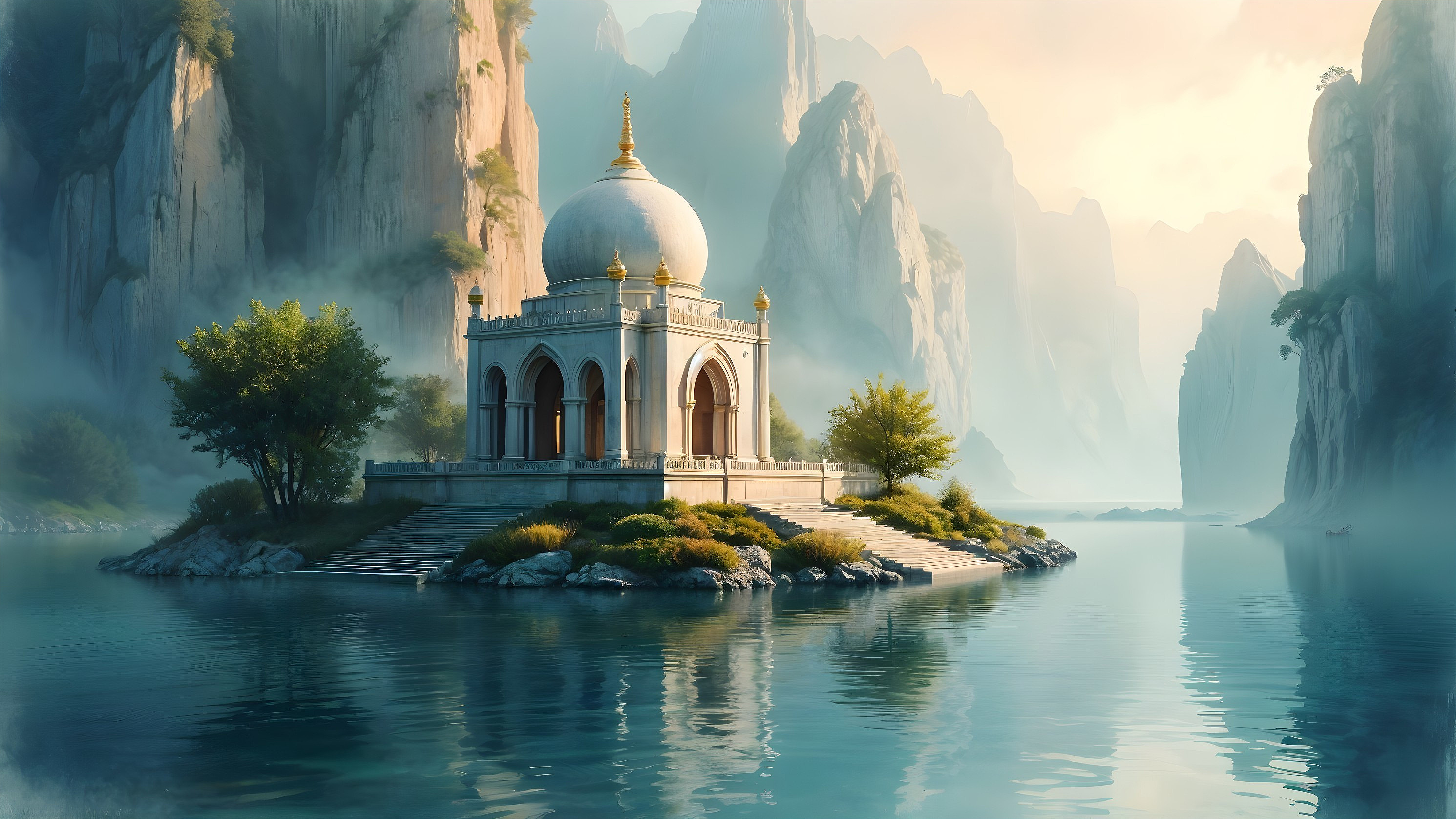 Ornate Pavilion on Tranquil Island Surrounded by Nature