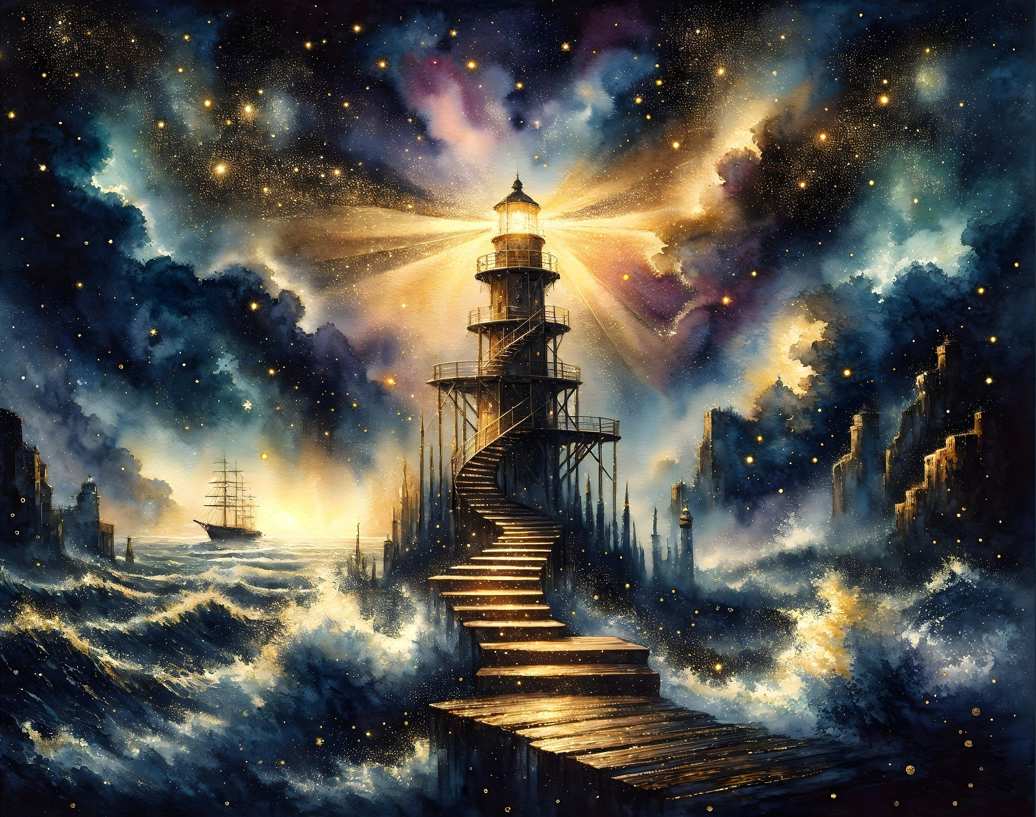 Lighthouse Illuminates Starry Night Over Ocean Waves