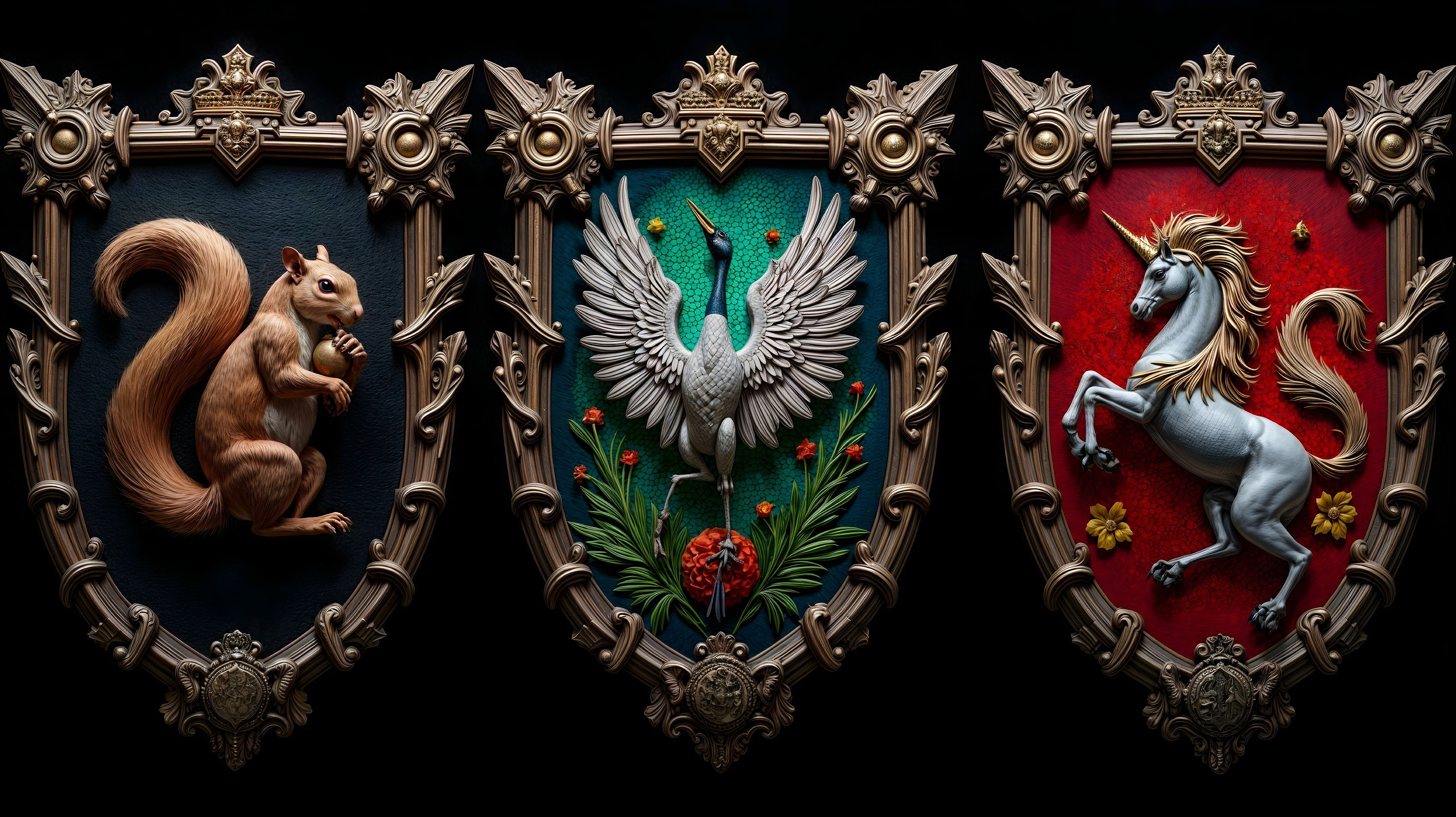 Three Ornate Shields with Unique Creatures Depicted
