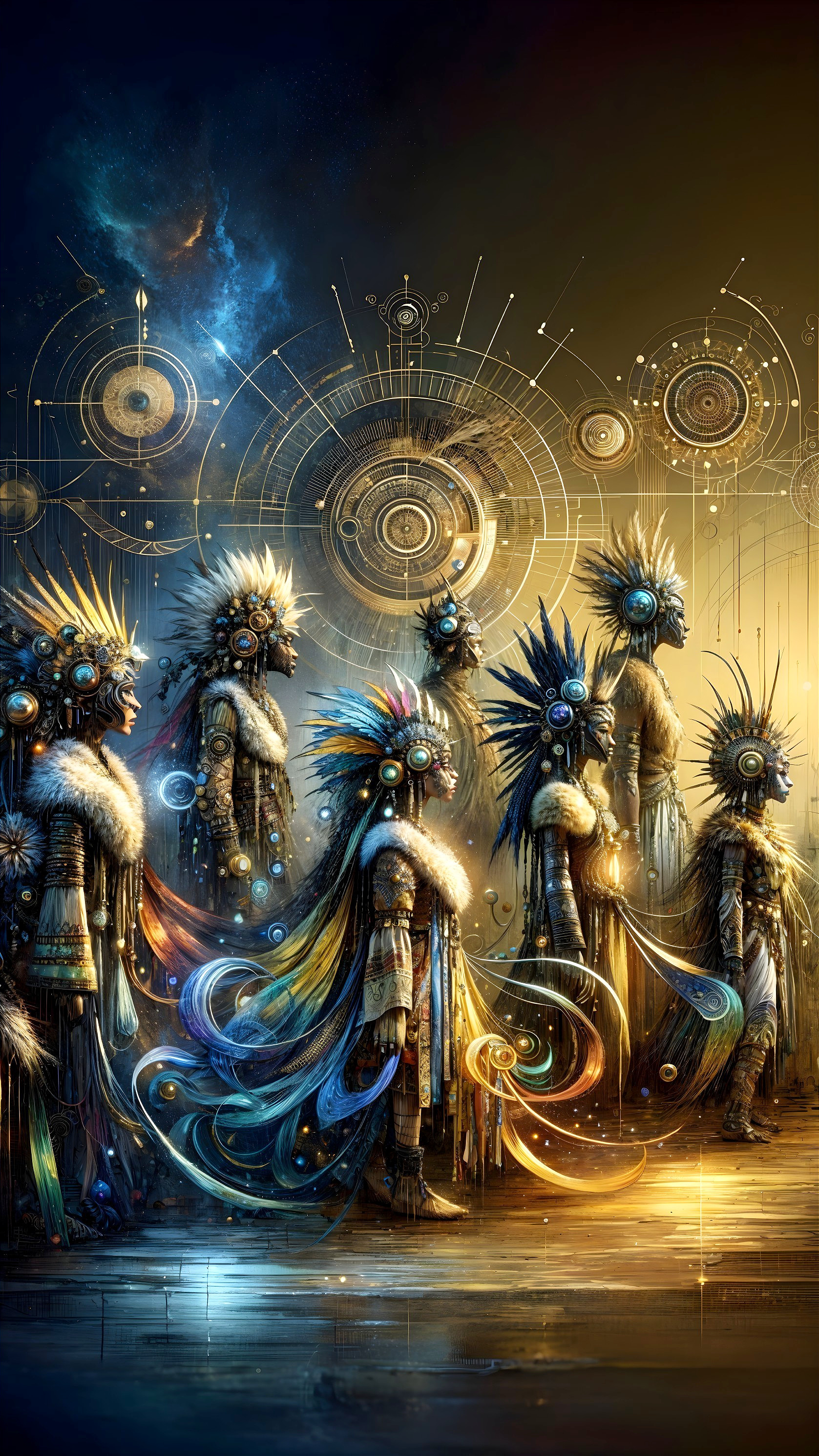 Futuristic Scene of Stylized Figures in Cosmic Landscape