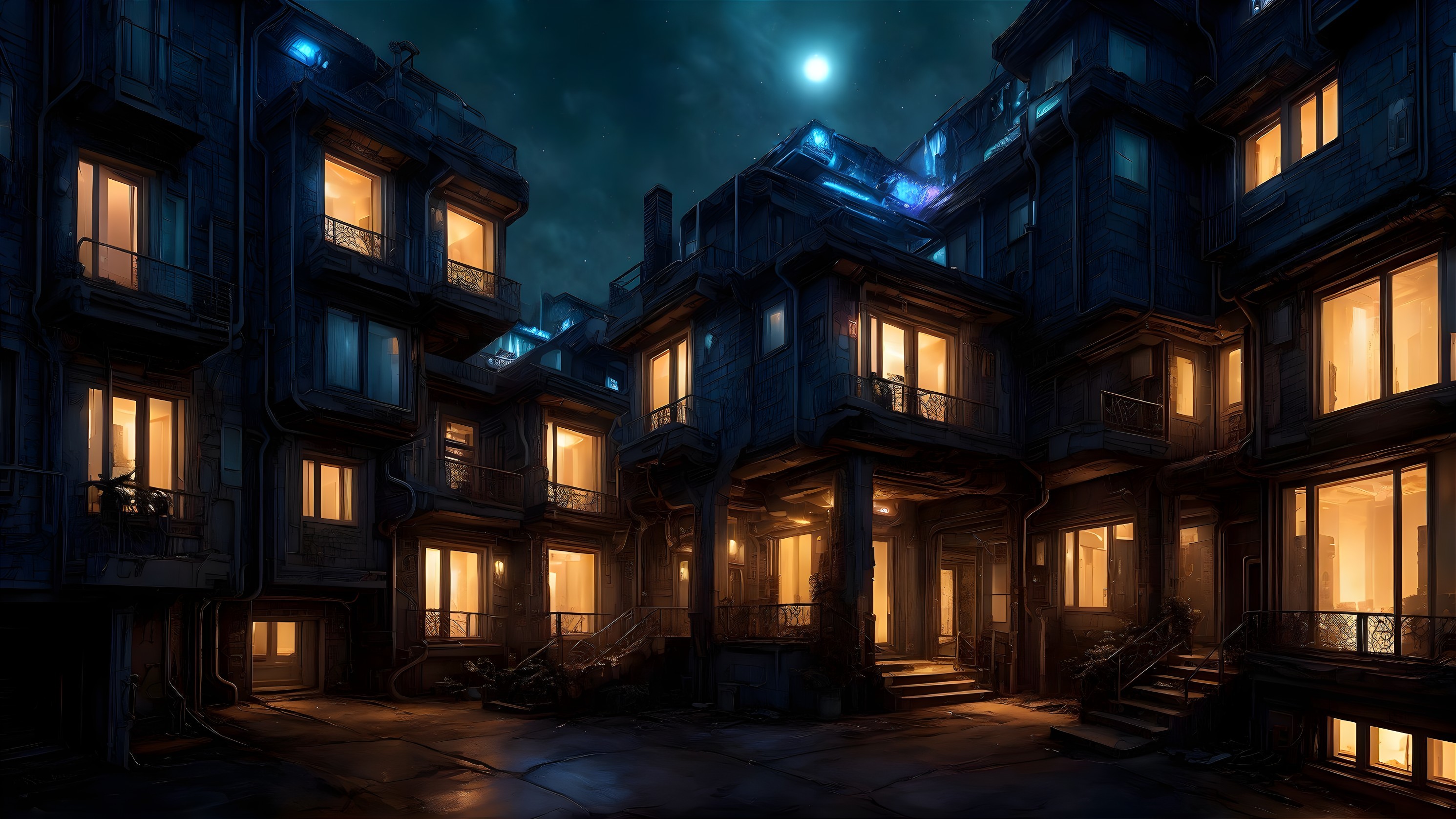 Dimly Lit Courtyard with Futuristic Buildings and Moon