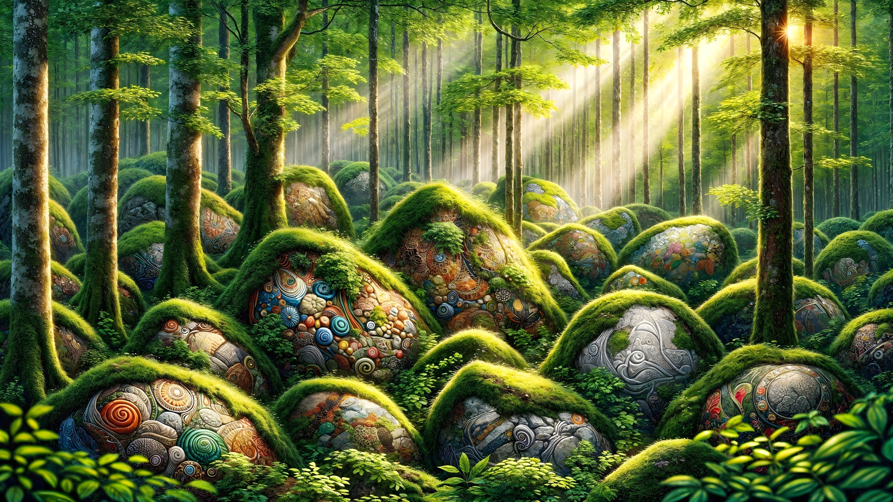 Serene Forest Scene with Vibrant Greenery and Rocks