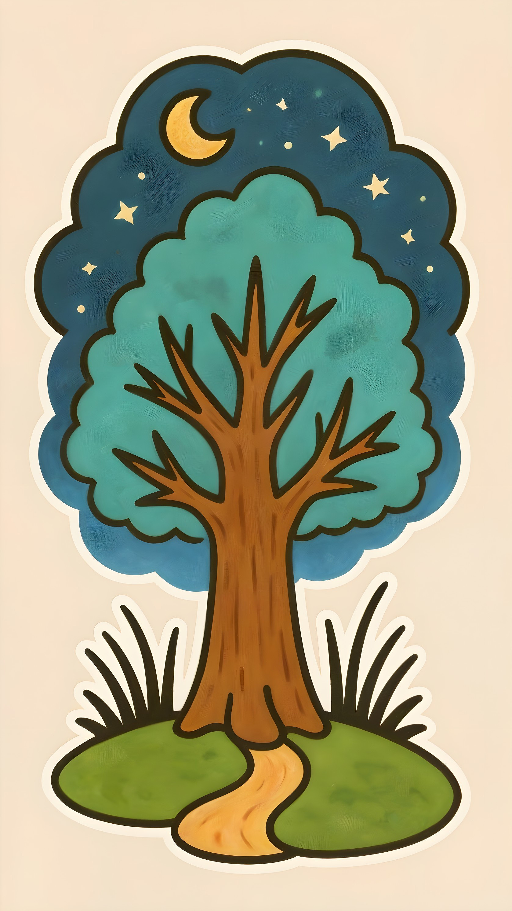 Whimsical Tree Illustration with Night Sky Background
