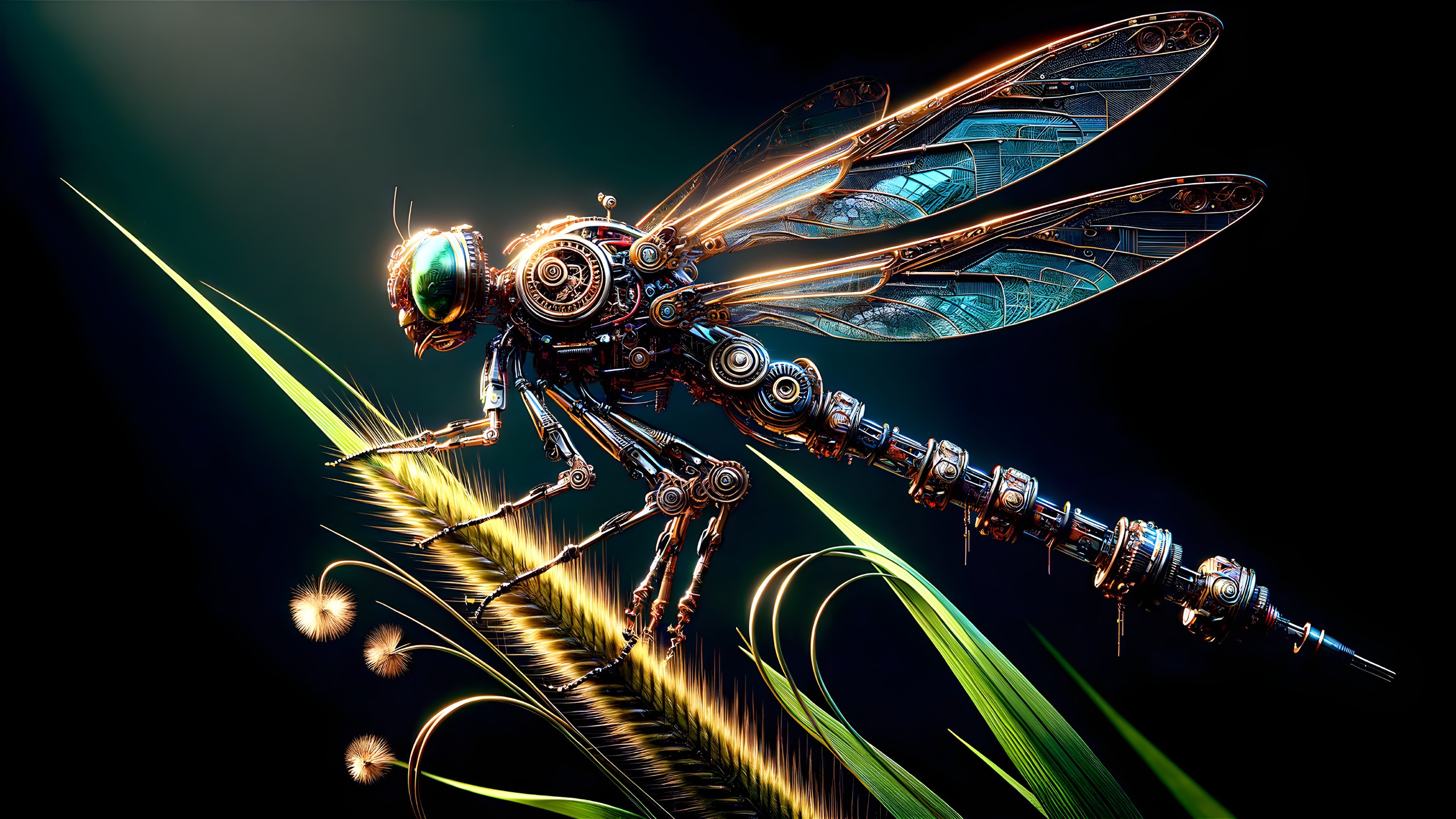 Futuristic dragonfly with metallic details and glowing elements