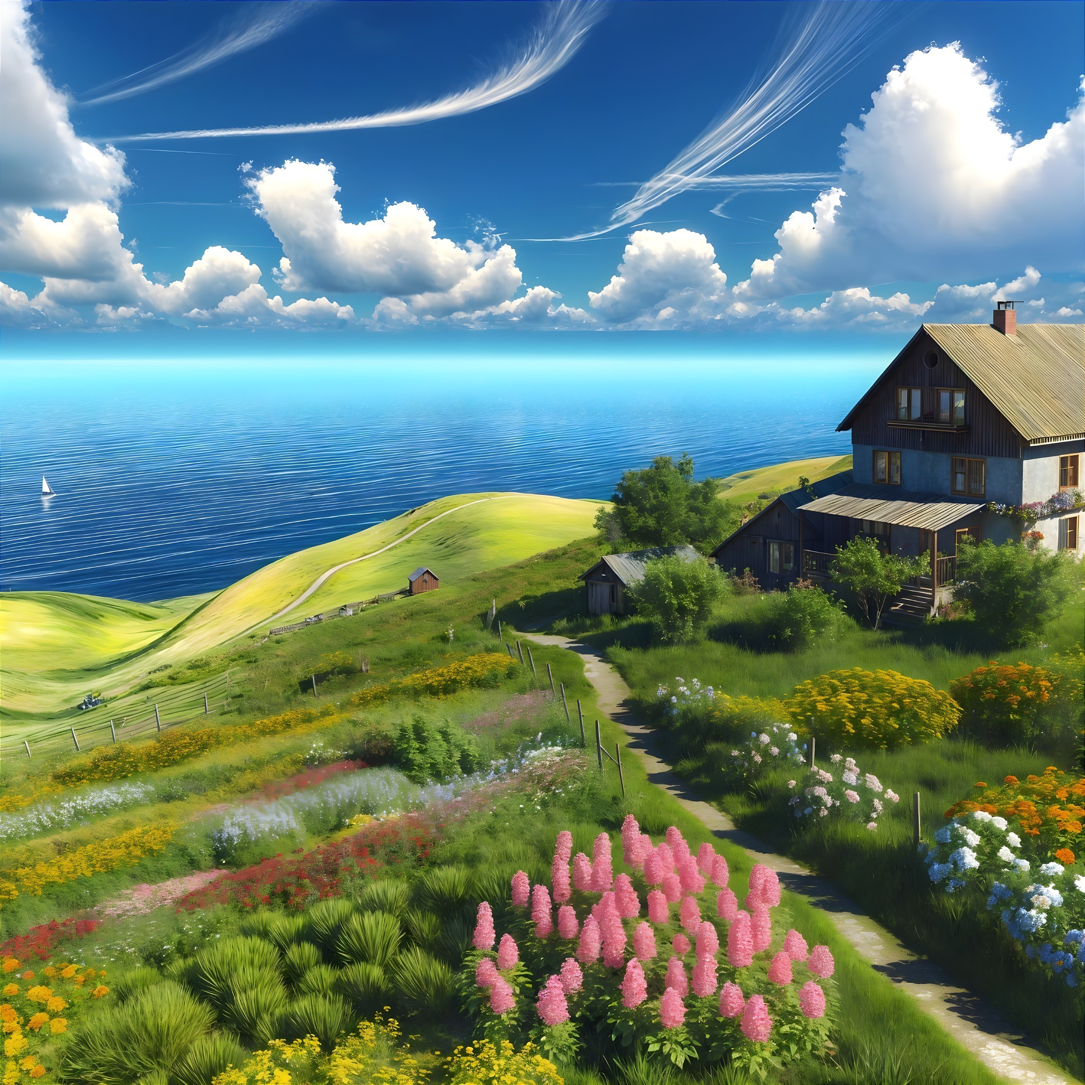 Lush Hillside Landscape with Ocean and Wildflowers