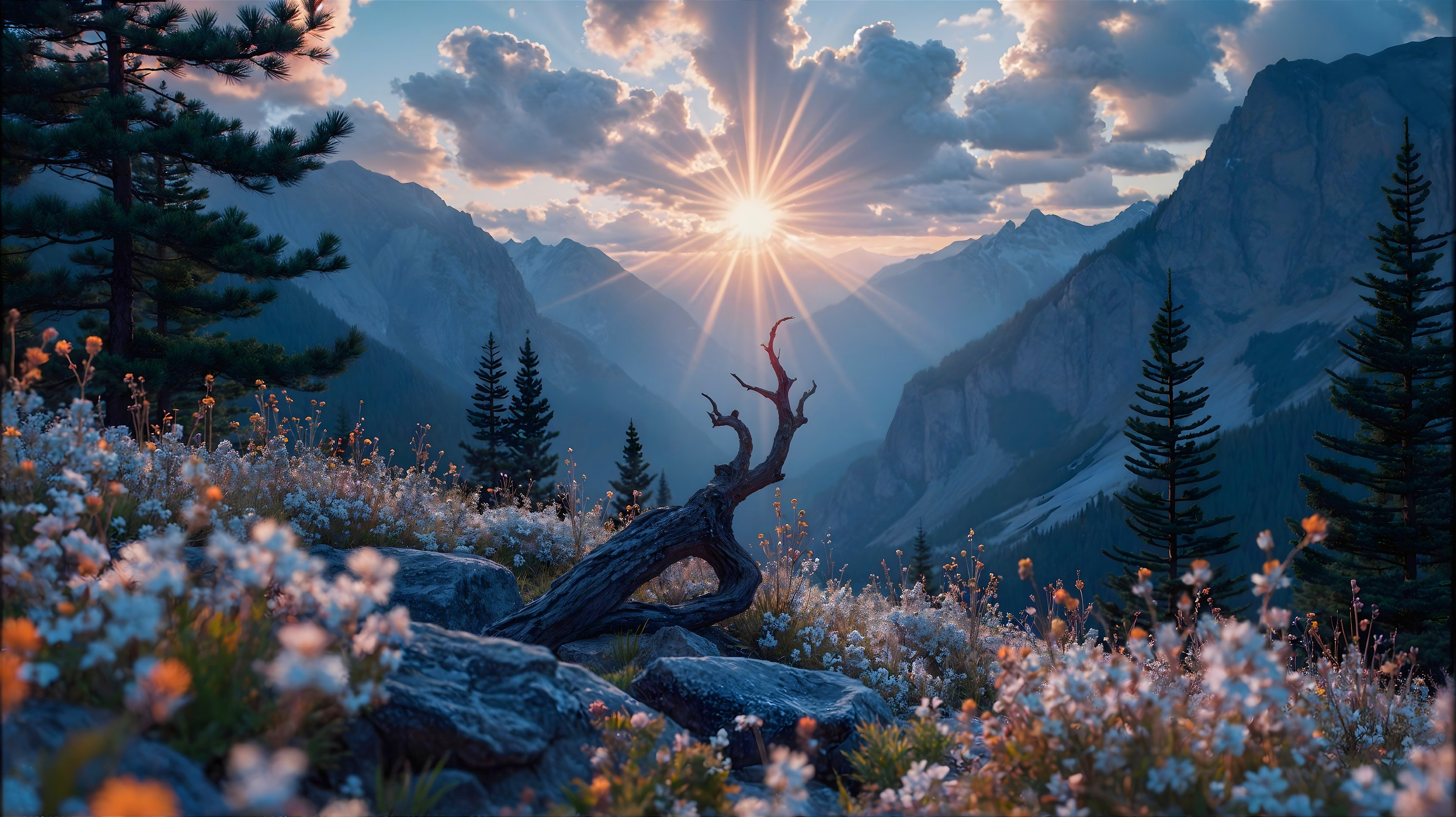 Mountain Landscape at Sunset with Wildflowers and Peaks