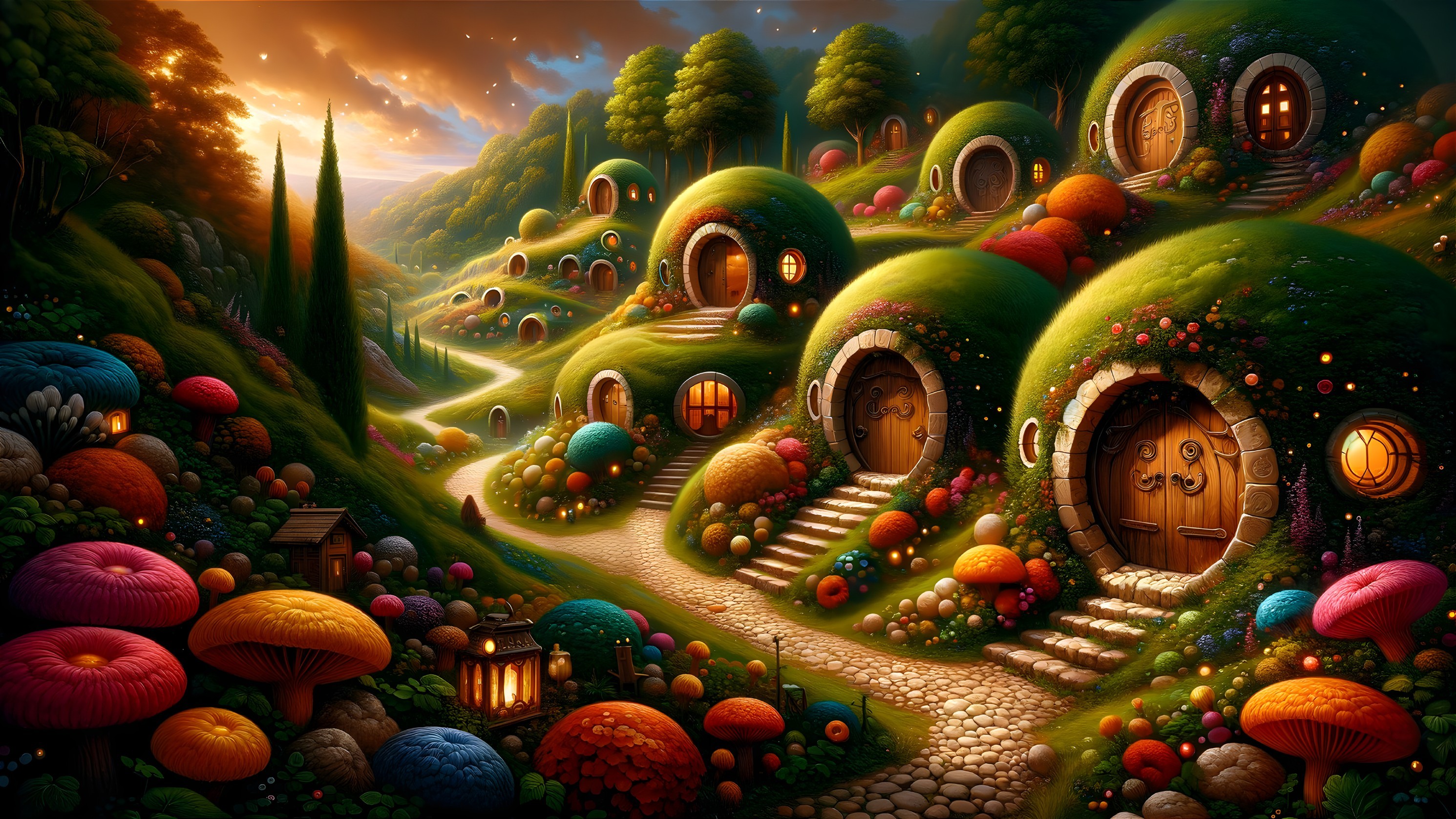 Whimsical Landscape with Colorful Hills and Houses