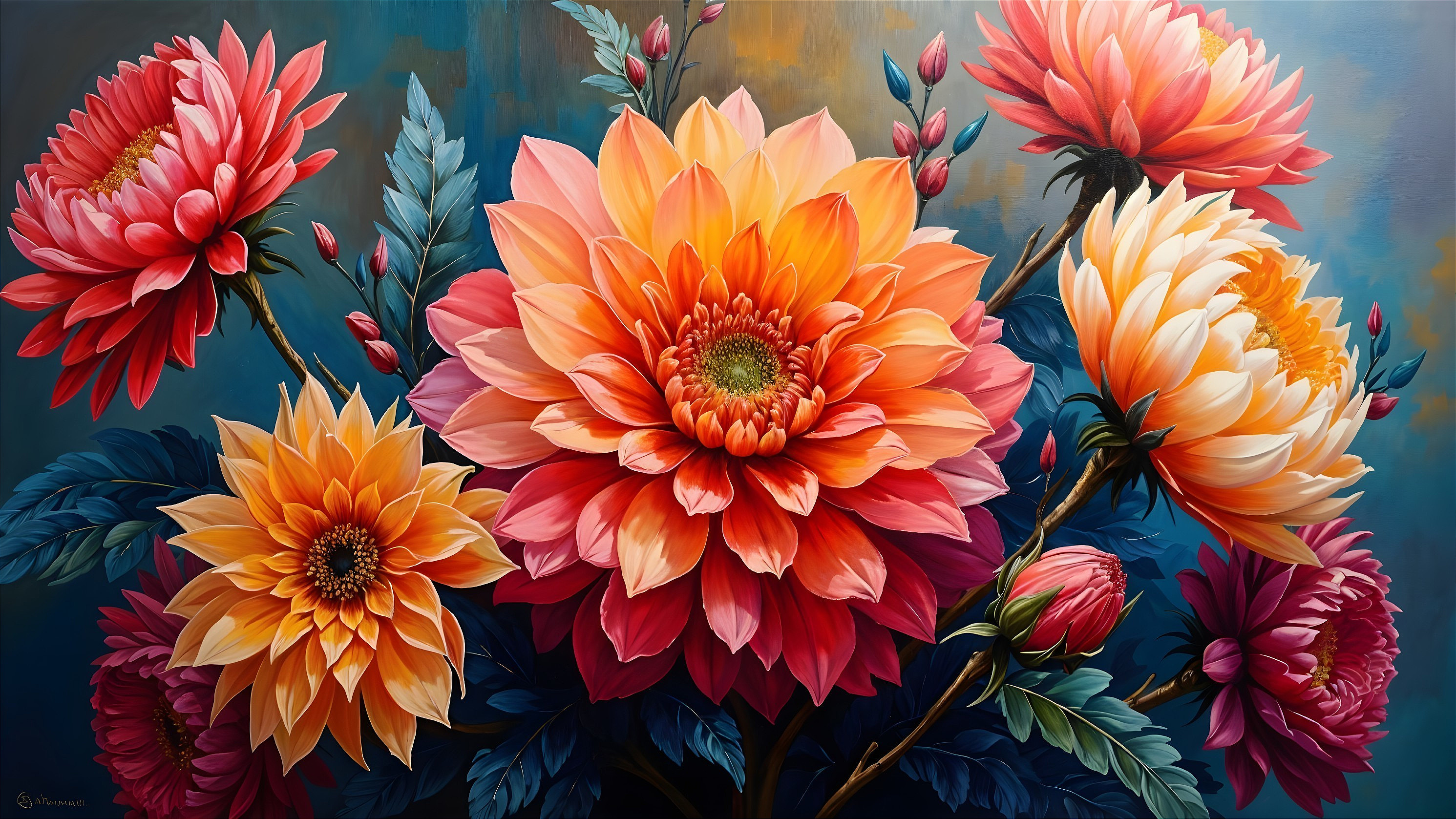 Vibrant Floral Composition with Large Blooming Dahlias