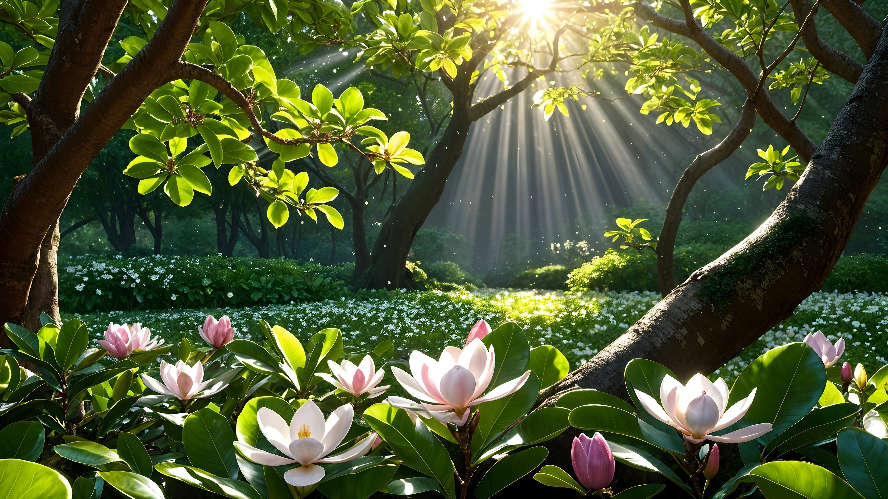Serene garden with blooming magnolia and greenery