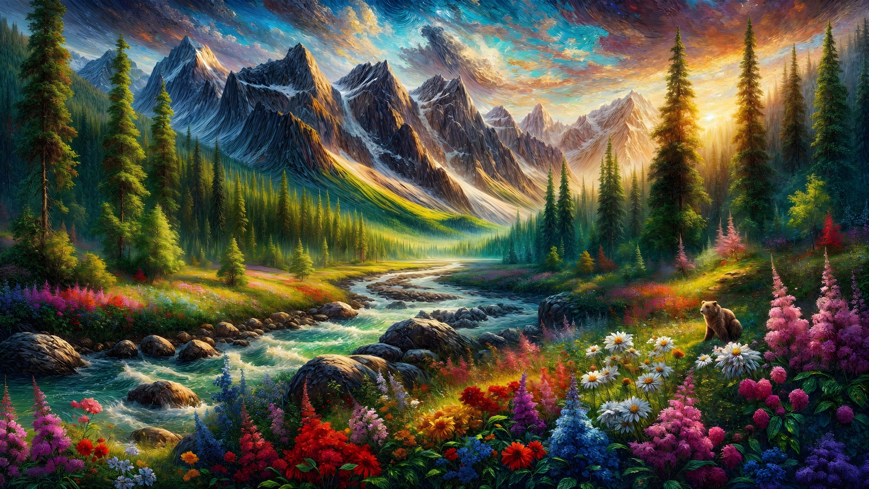 Vibrant Landscape with Snow-Capped Mountains and River