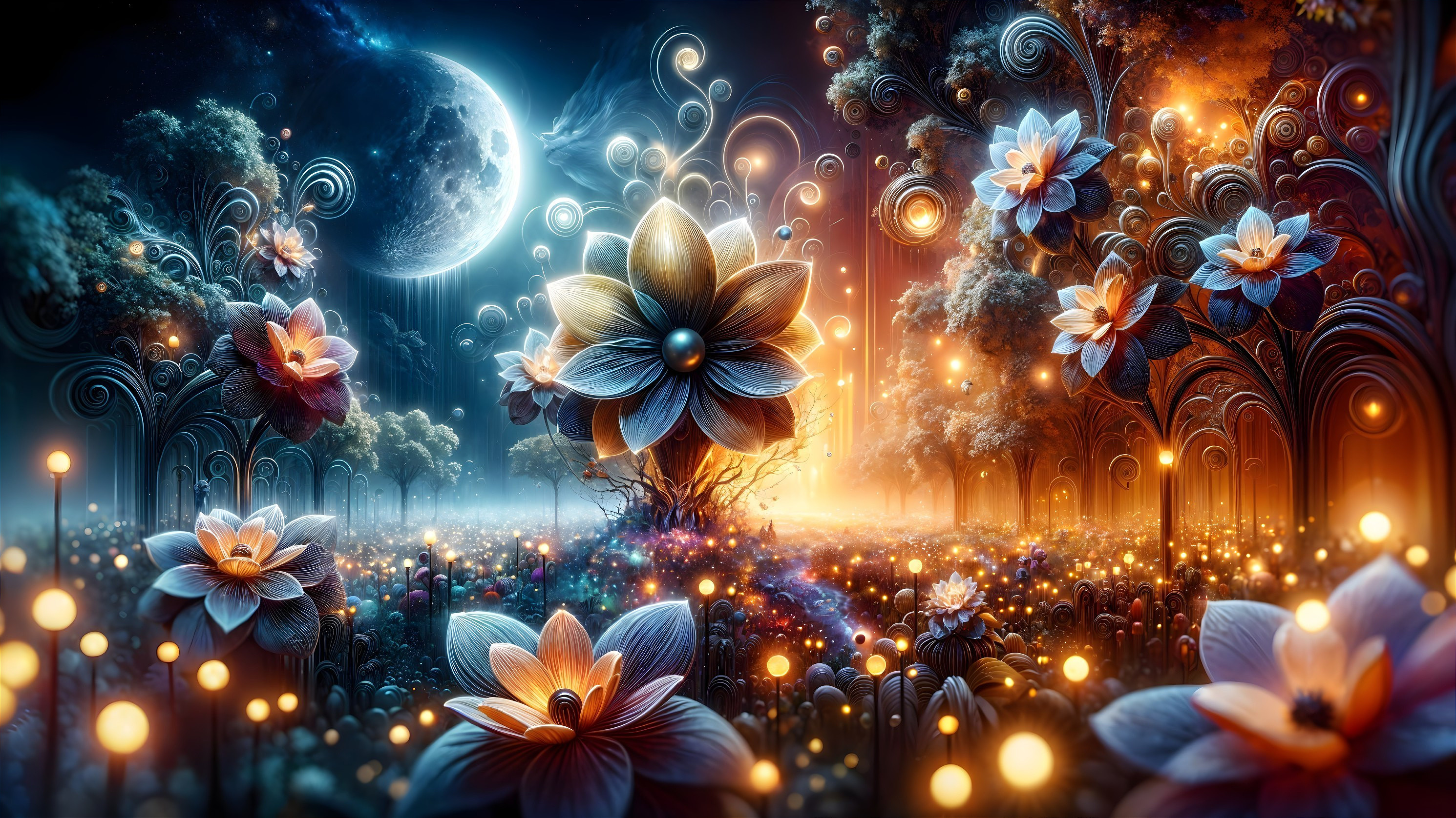 Surreal Landscape with Glowing Moon and Enchanted Flowers