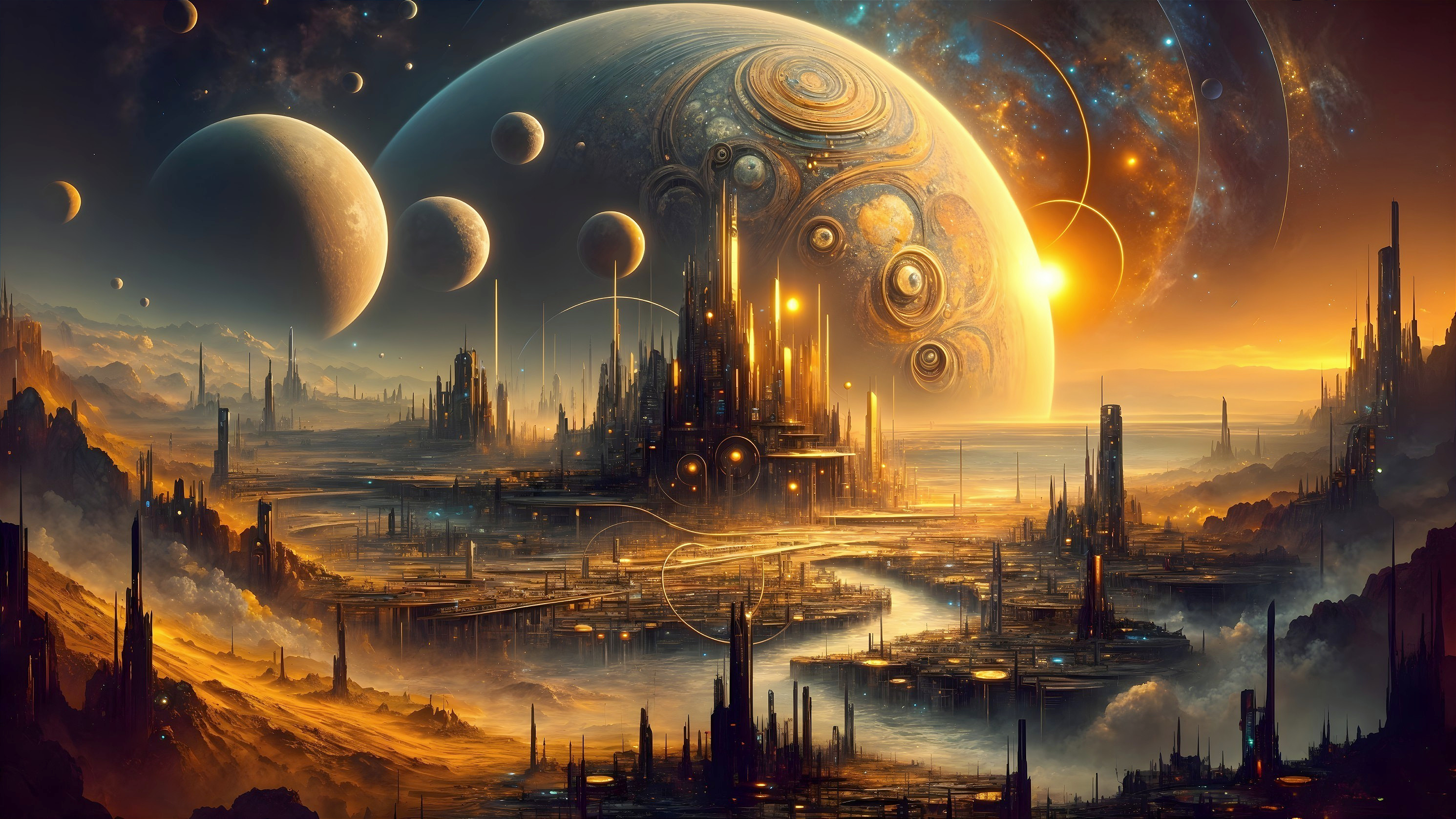 Cosmic Landscape with Colorful Planet and Cityscape
