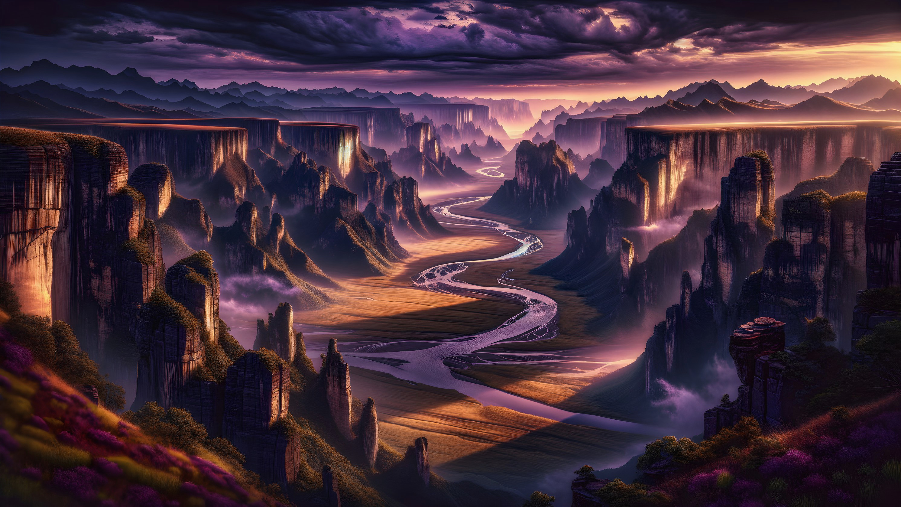 Twilight Landscape with Cliffs, Valleys, and River