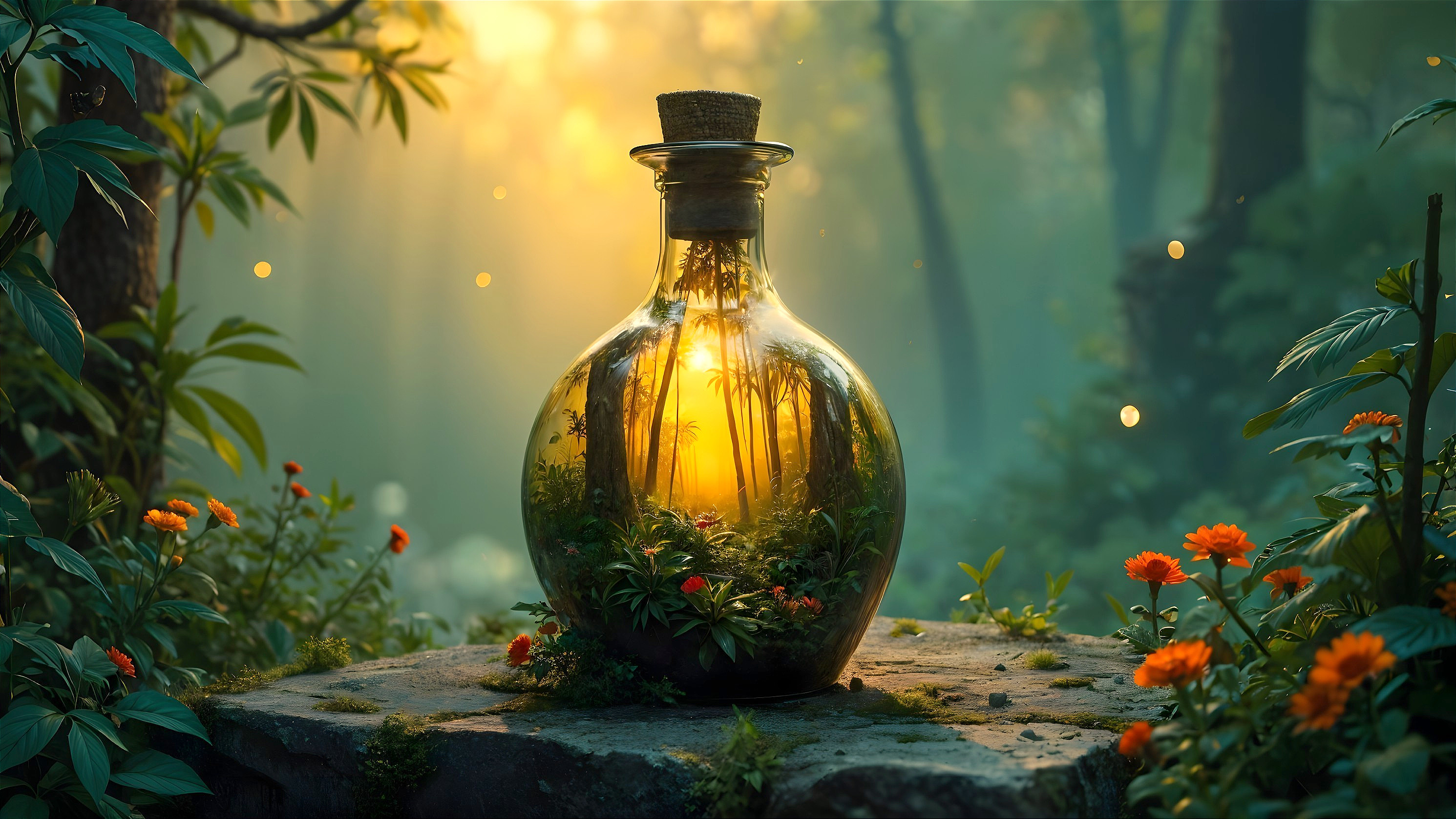 Miniature Forest in Glass Bottle on Stone Pedestal