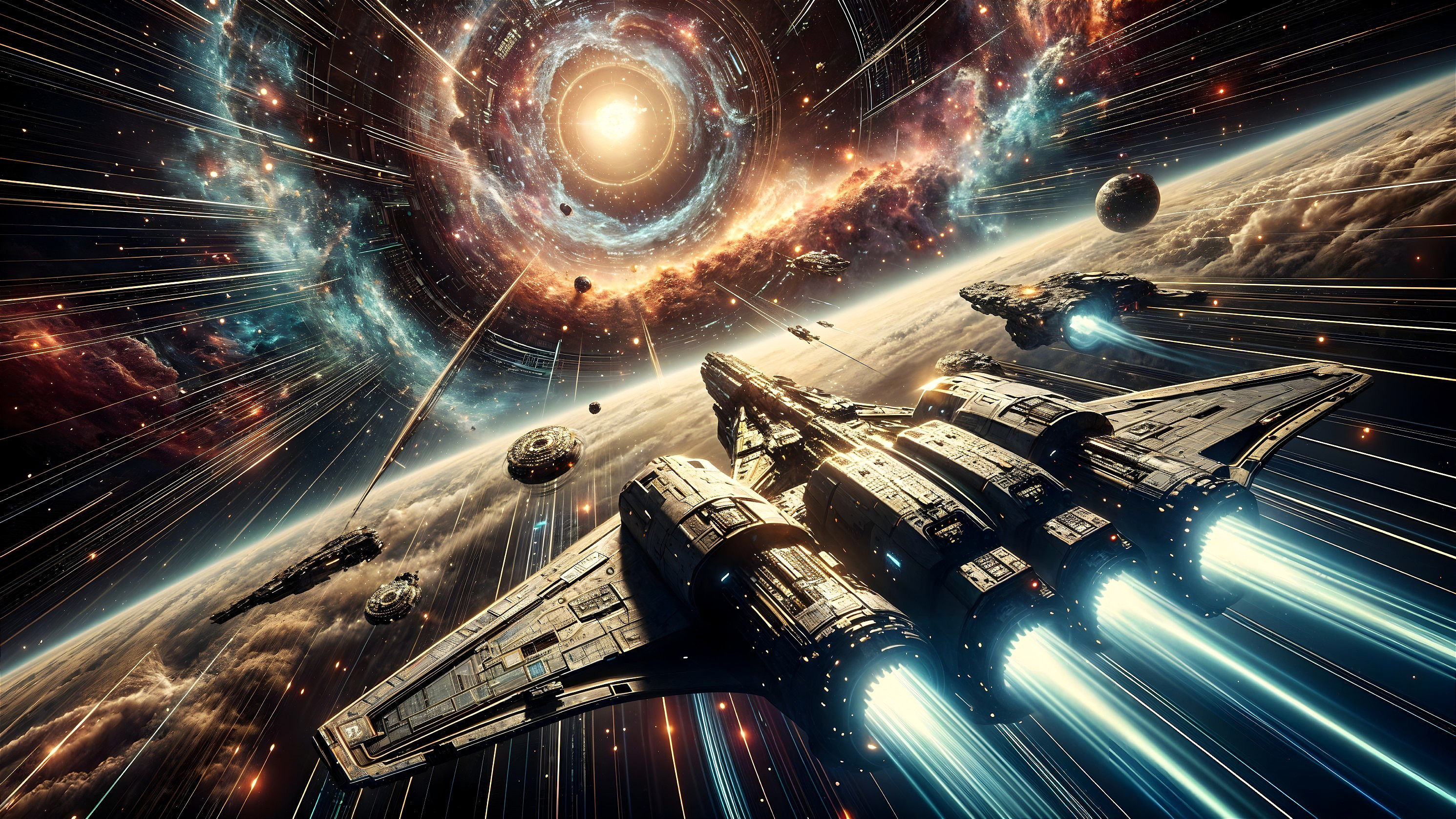 Futuristic Spaceship in Vibrant Cosmic Scene