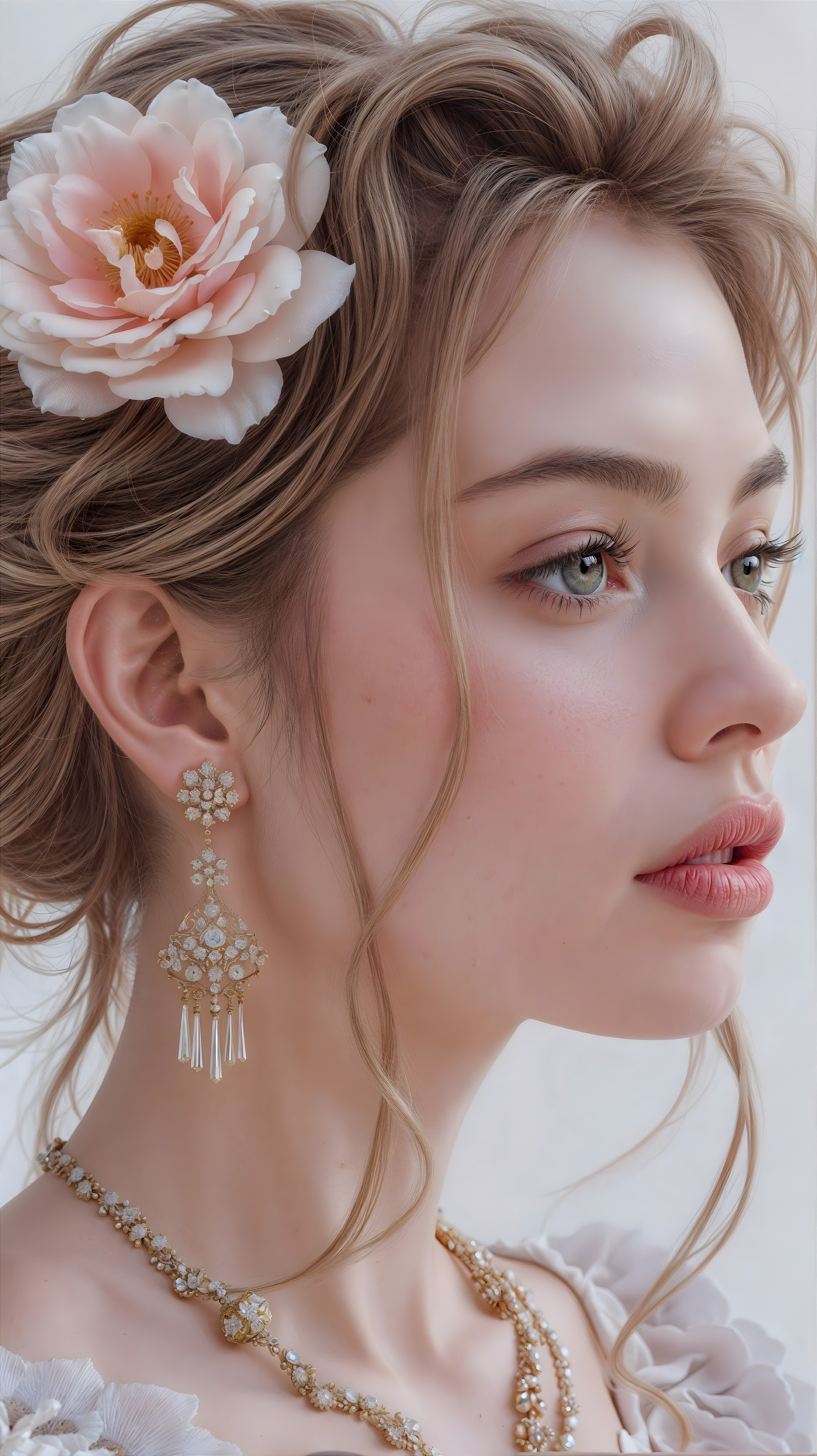 Close-up Portrait of a Young Woman with Flower and Jewelry