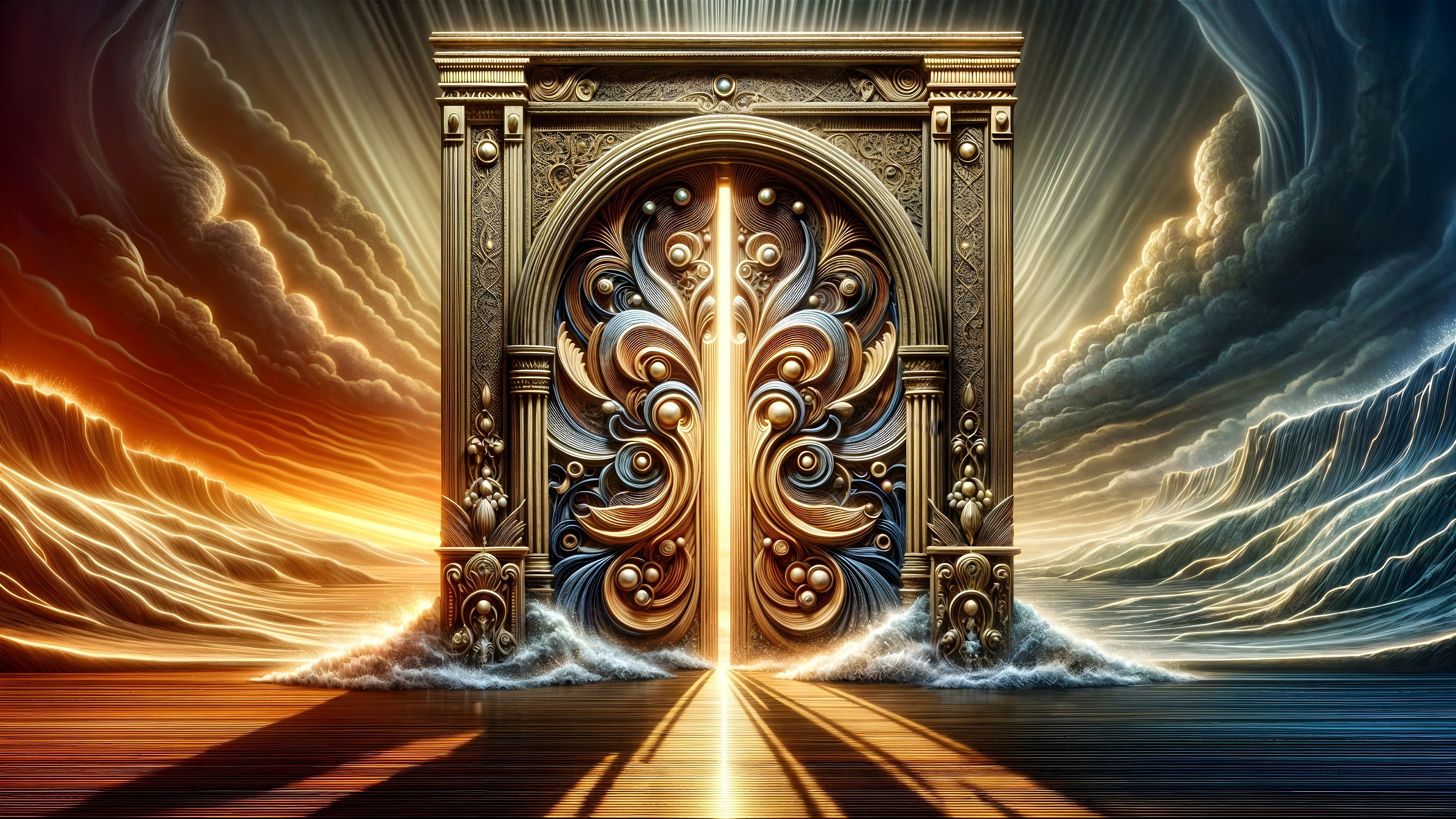 Ornate Golden Door Surrounded by Dramatic Clouds
