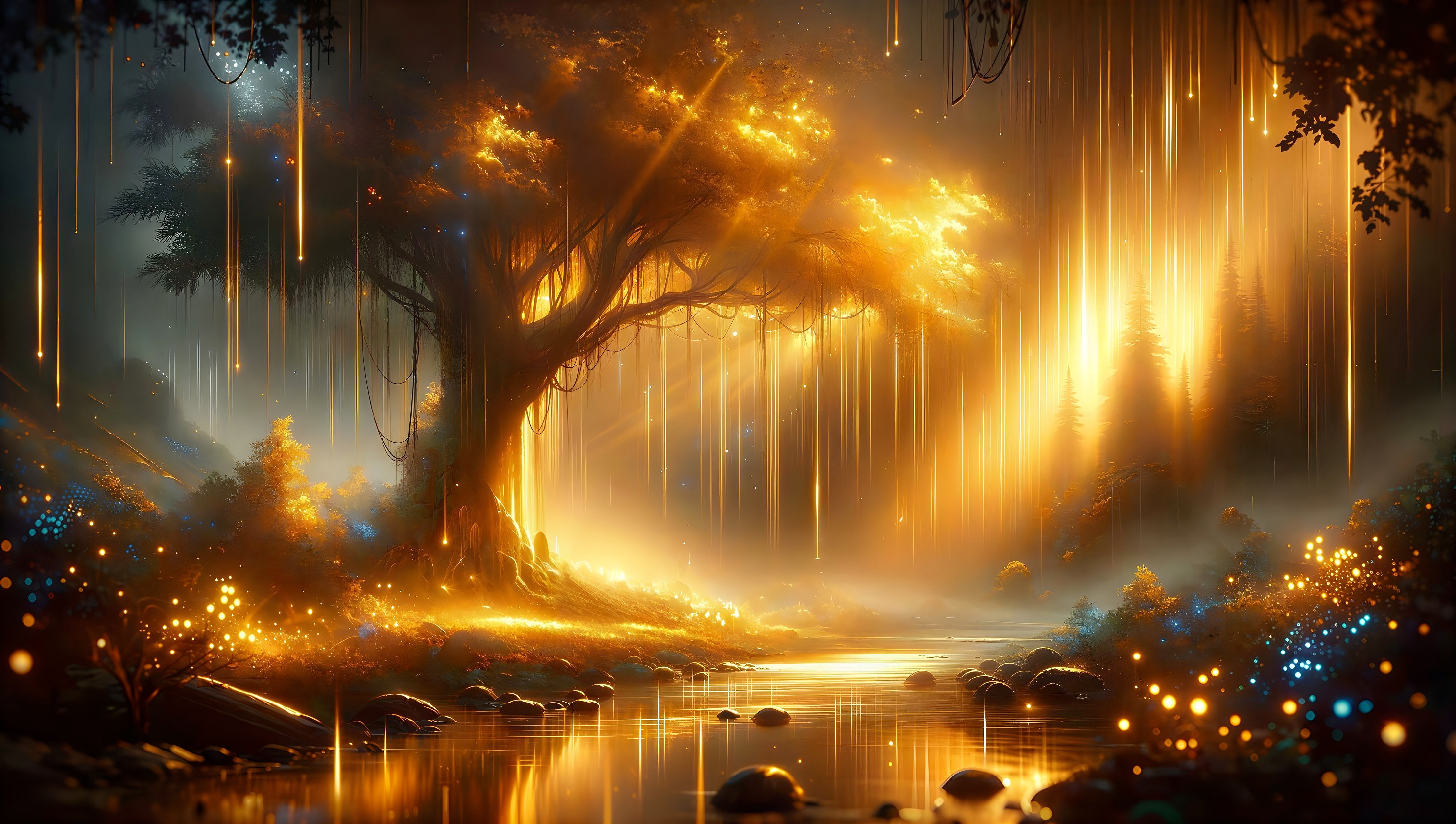 Mystical Fantasy Landscape with Glowing Tree and River
