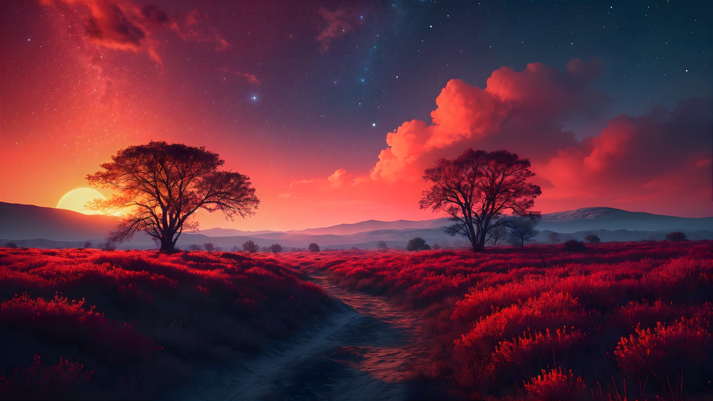 Vibrant Sunset Landscape with Silhouetted Trees