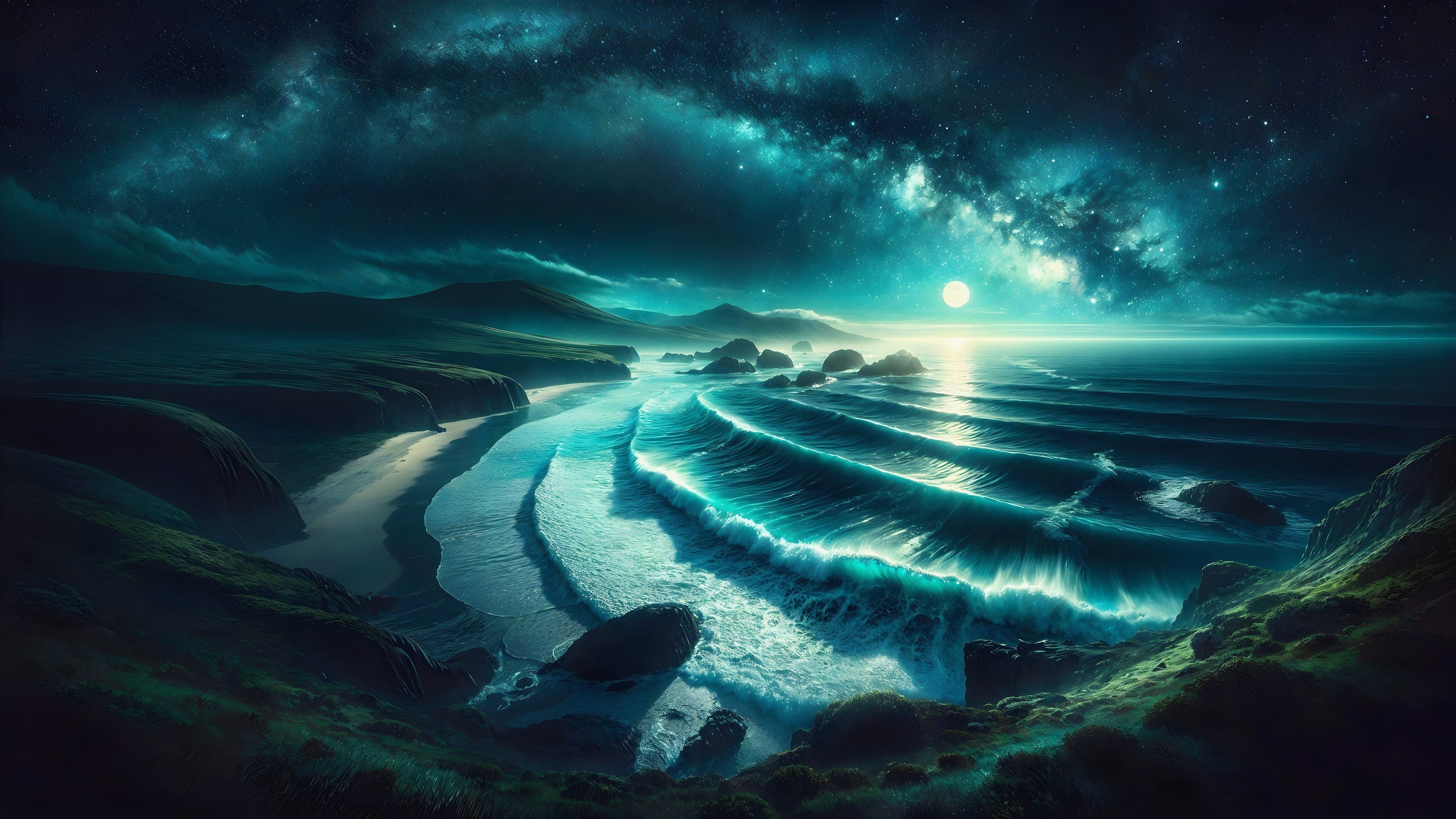 Serene Coastal Landscape Under Moonlit Sky