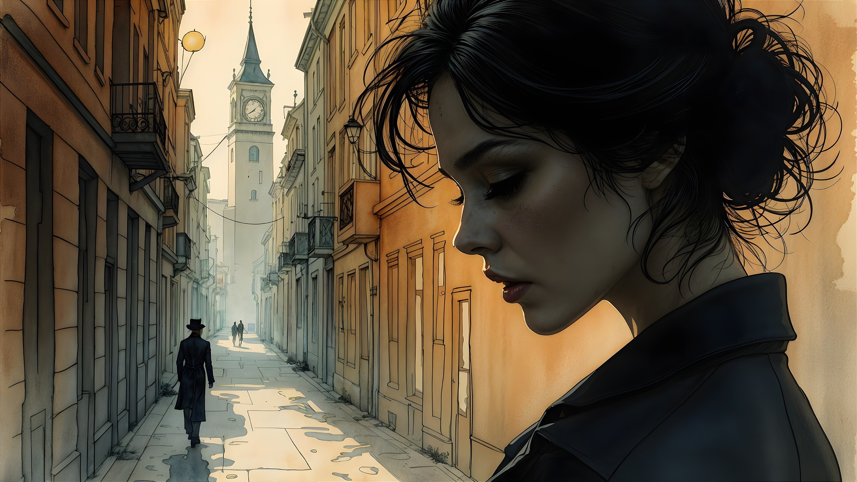 Woman in profile on a misty cobblestone street