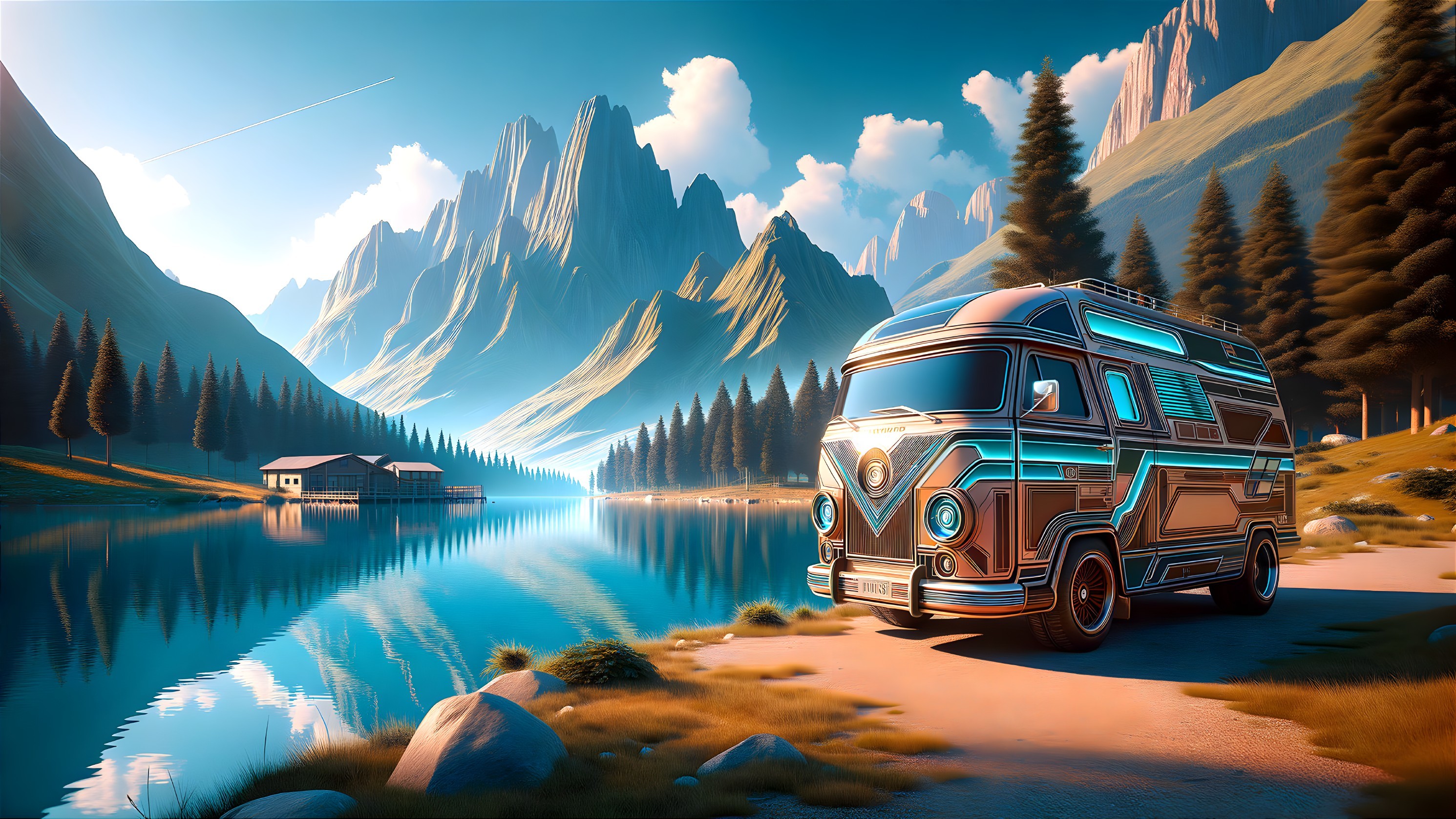 Retro Camper Van by Serene Lake and Mountains