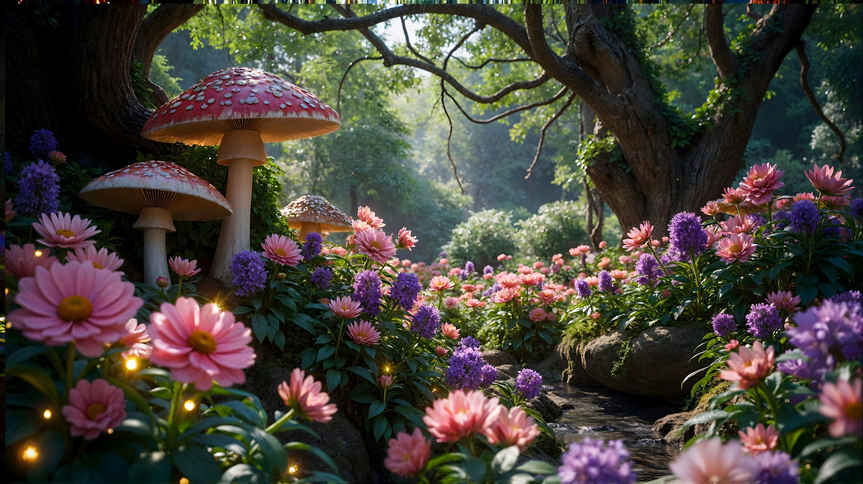 Enchanting forest with pink flowers and whimsical mushrooms
