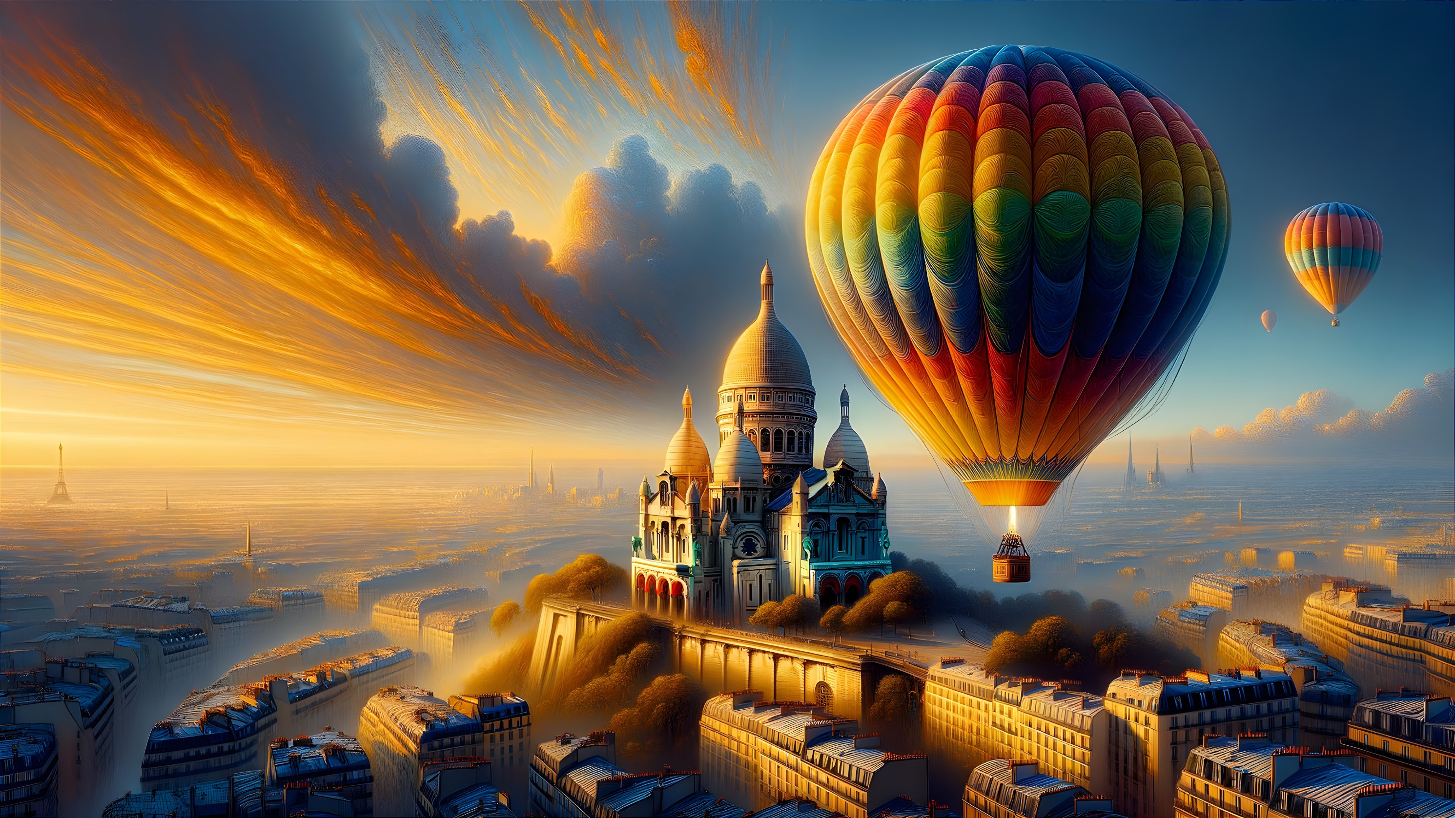 Vibrant Sunset Over City with Hot Air Balloons and Eiffel Tower