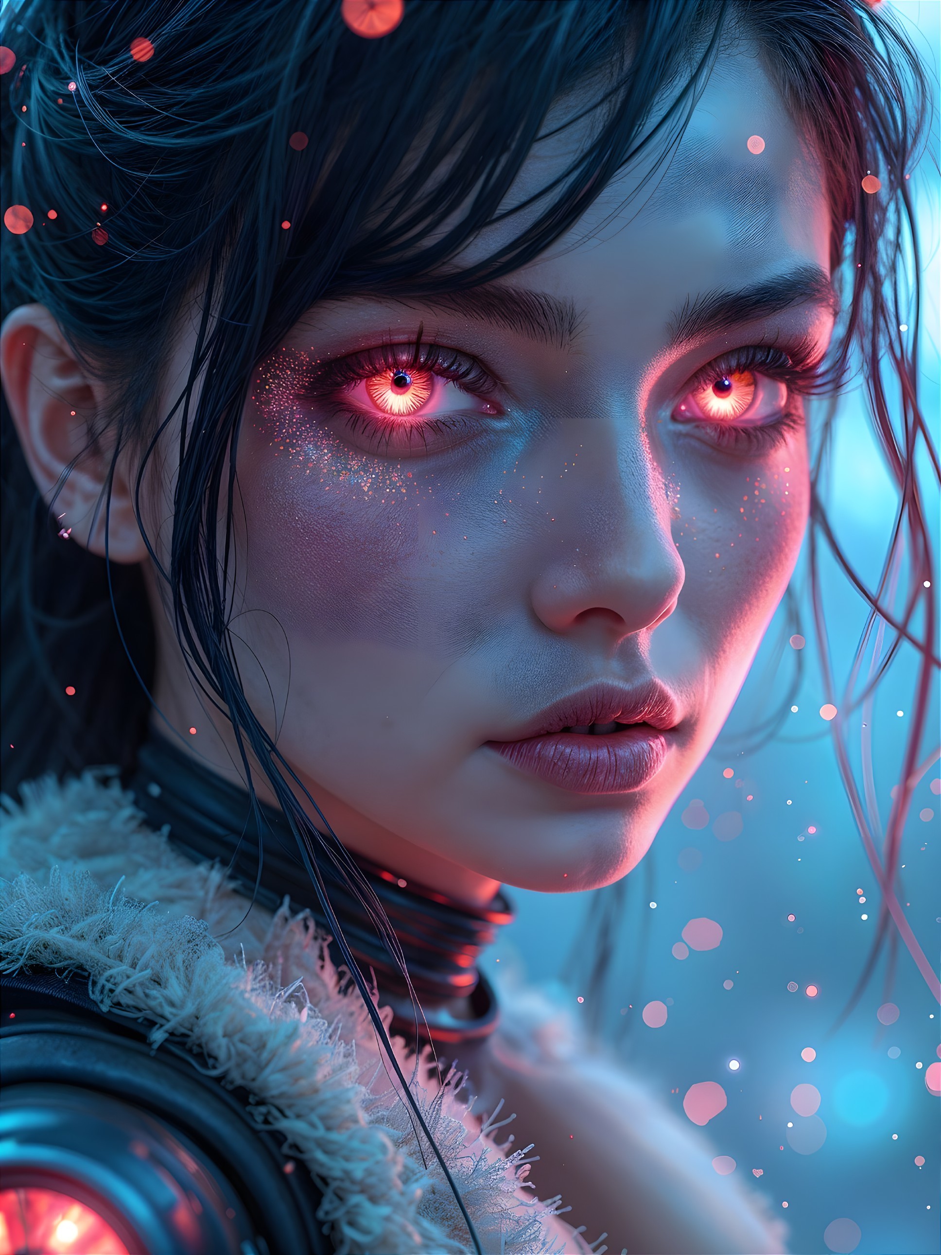 Portrait of a Young Woman with Red Eyes and Glow