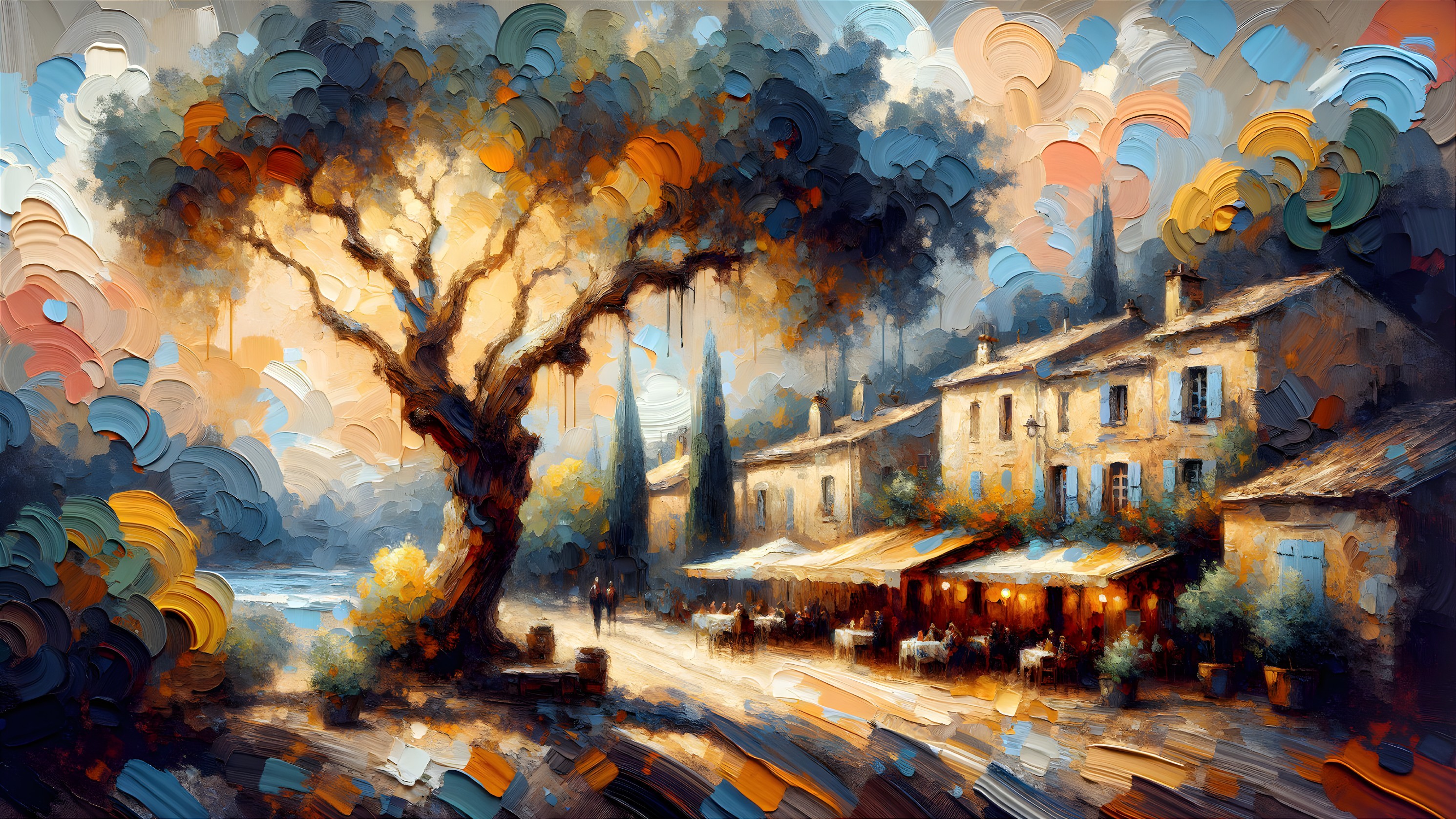 Serene Village Scene with Sunset and Ancient Tree