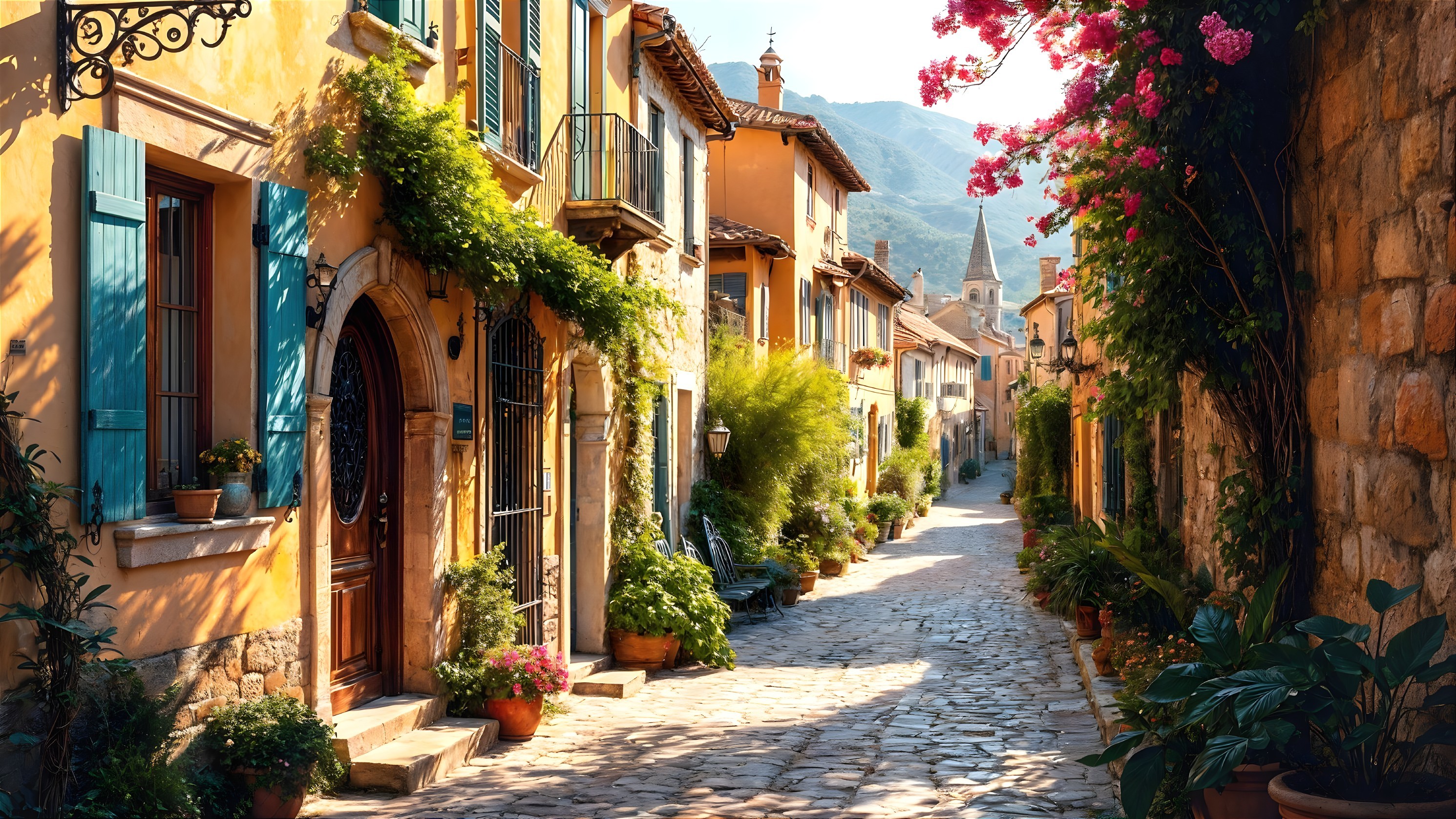 Charming Cobblestone Street with Colorful Buildings